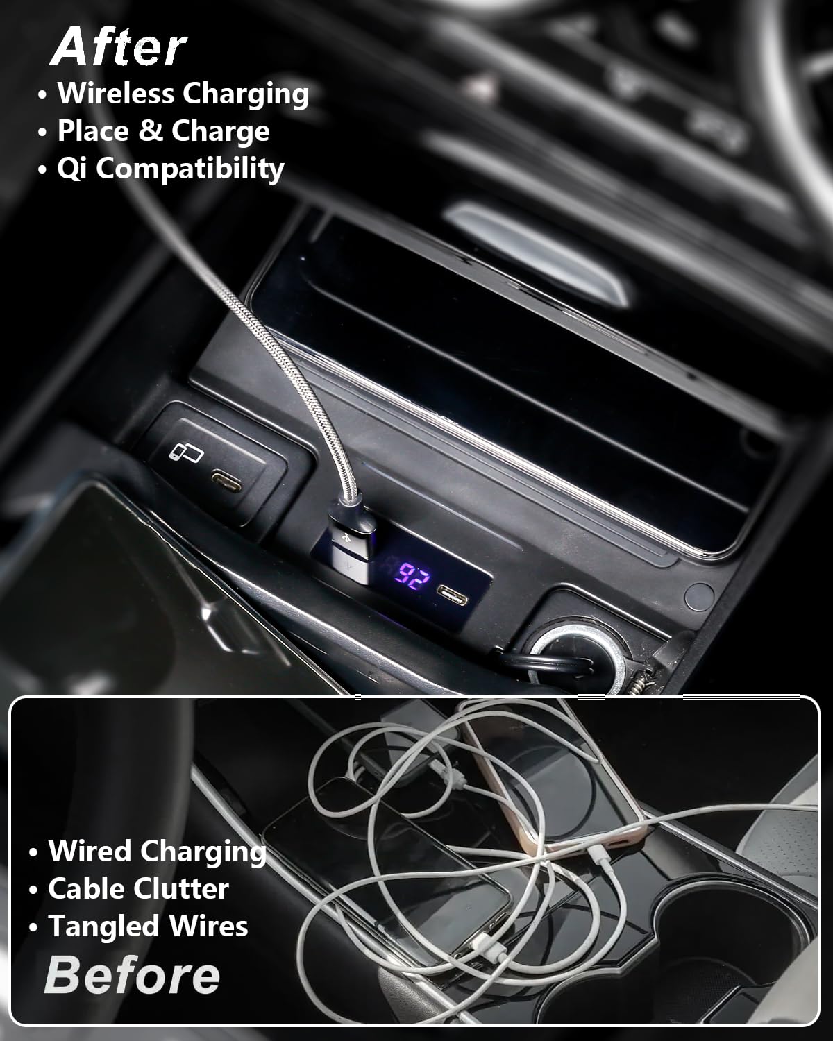 CLEC Cargador inalámbrico de coche para Benz Clase A 2019-2022, GLA/GLB/CLA Clase 2020-2022, QC 3.0 Cargador rápido Qi 3.0 Cargador de teléfono inalámbrico con 2 puertos USB, accesorios interiores de