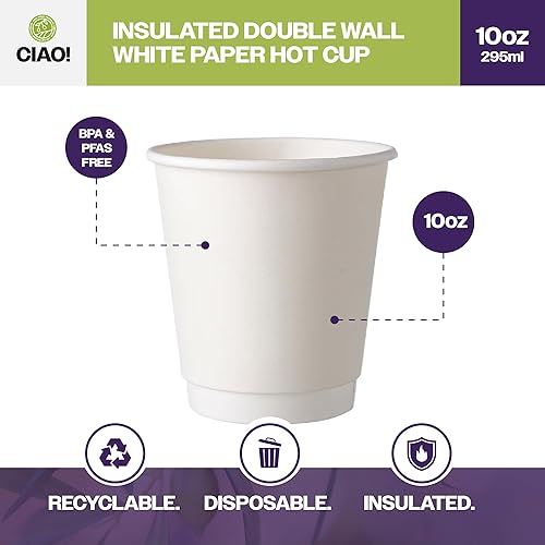 Miniatura 2 de CIAO! Taza de papel para bebidas calientes aislada de doble pared de 10 onzas, 90 mm de diámetro, 500 unidades
