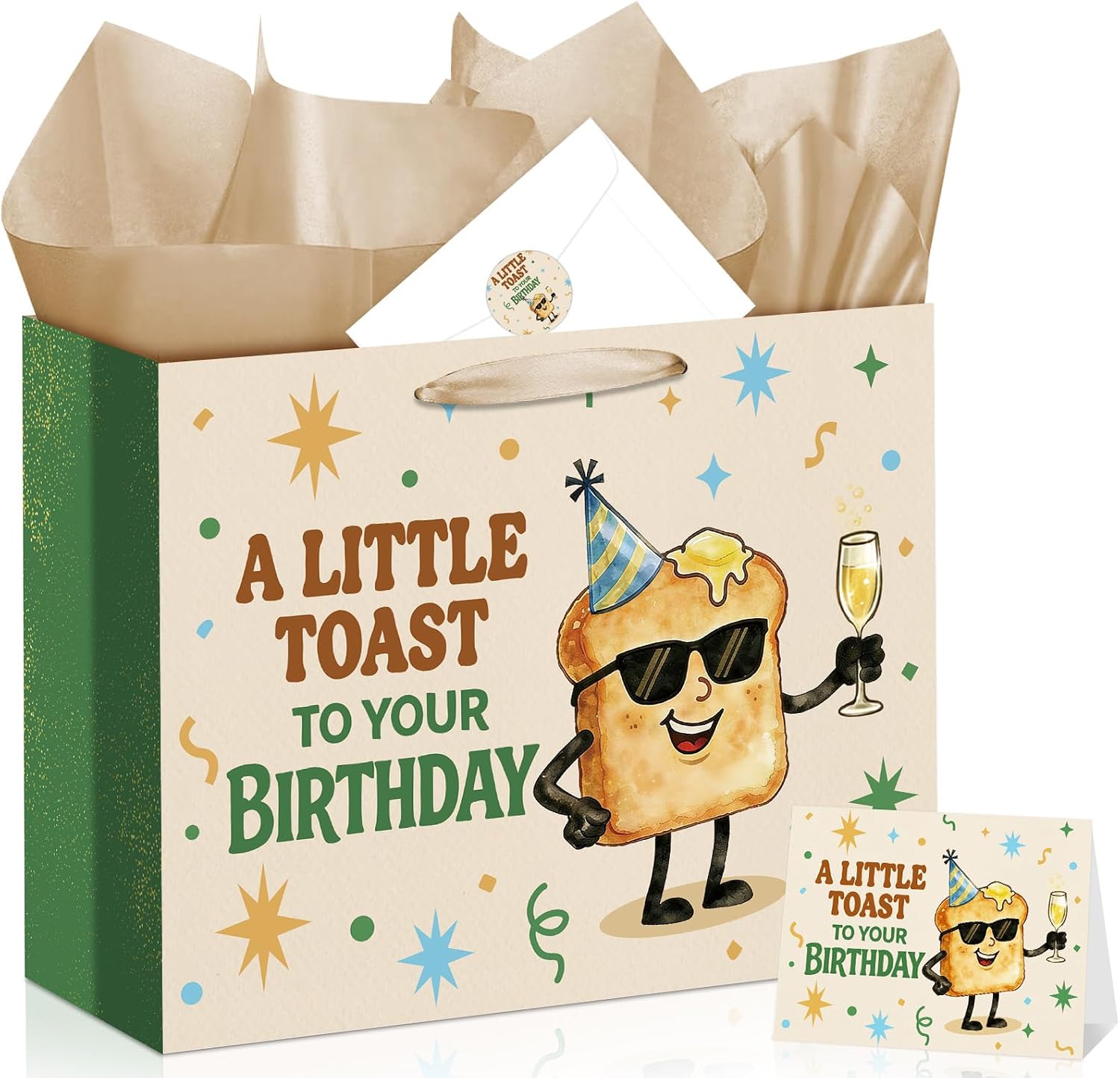 Funny Birthday Gift Bag, A Little Toast To Your Birthday All in One Set with Greeting Card, Sticker, Envelope, Brown Tissue Paper, Humorous Food Pun Presents Wrap Gifts for Men, Women, Coworker, Friends