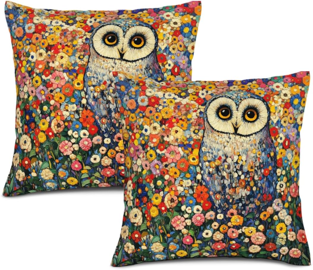 Spring Owl Pillow Covers 28x28 Set of 2, Comfy Aesthetic Flower Plant Printing Linen Pillow Cases Kit with Zipper, Pet Decor for Sofa Living Room Bed