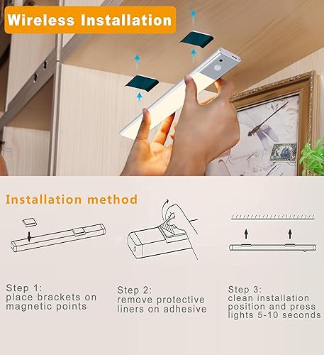 Miniatura 6 de Paquete de 3 luces inalámbricas para debajo del gabinete, 64 luces LED regulables con sensor de movimiento con control remoto, luces recargables
