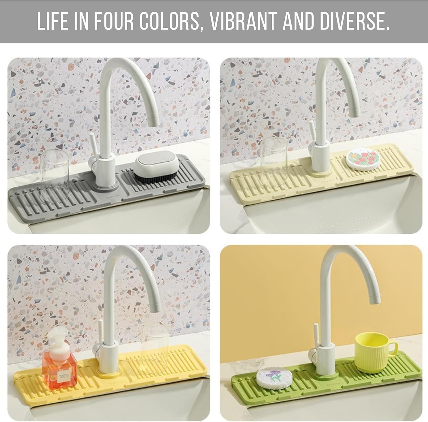 Silicone Sink Splash Guard, Non-Slip Faucet Mat for Kitchen and Bathroom, Quick Drainage, 17.5" x 5.7" / 44.5 x 14.5 cm, Ideal for Drying Countertops - Green, Set of 1