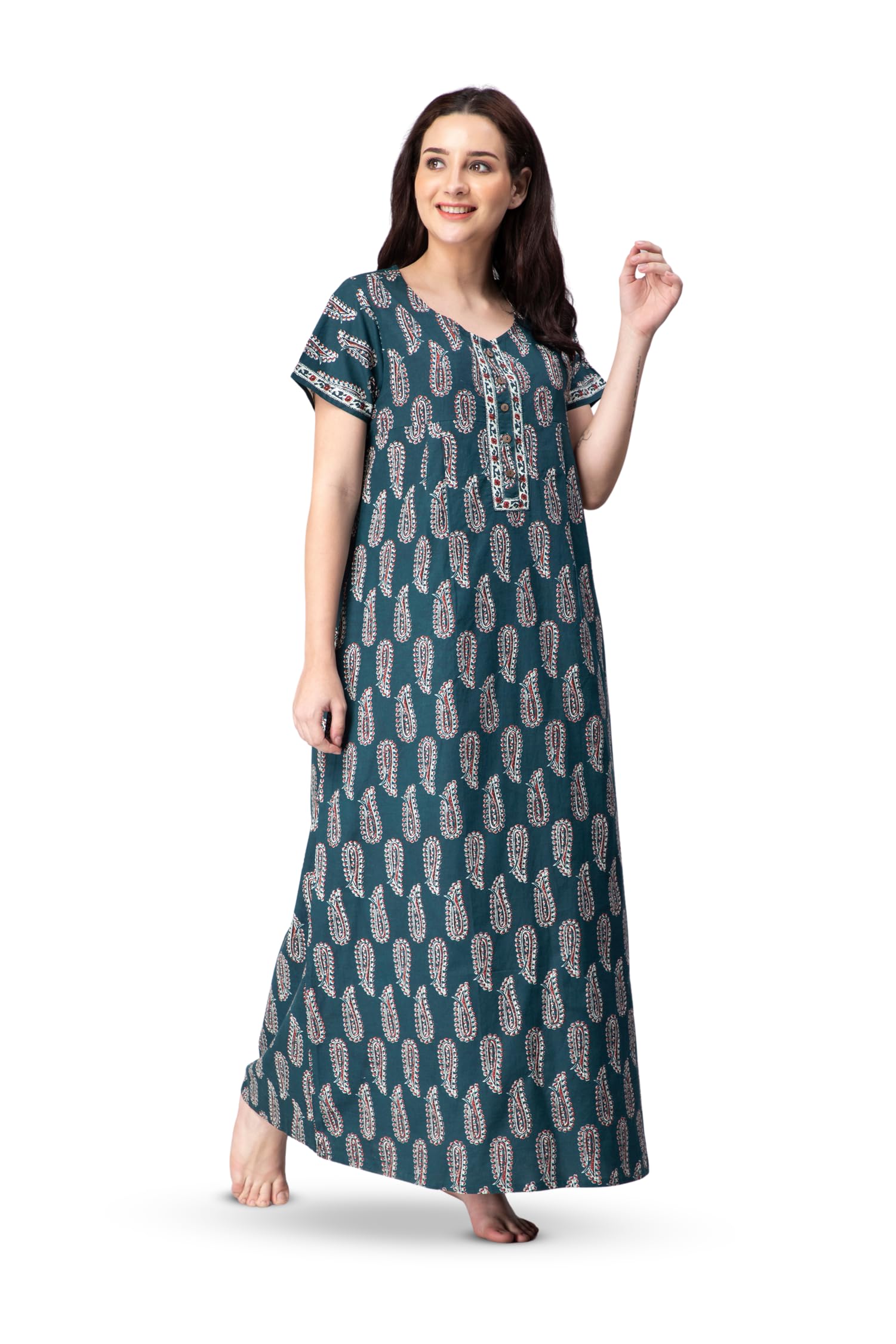 NIHSAMAH Core Style Cotton Night Gown for Women with Pockets | Premium Printed Long Nighty | Comfortable & Fancy Sleepwear/Nightwear