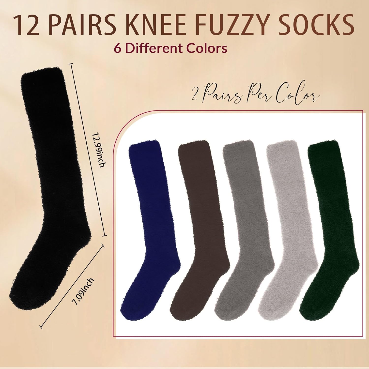 12 Pair Long Fuzzy Socks for Women Knee High Fluffy Socks Winter Plush Sock for Home Size 9-11 - Image 3