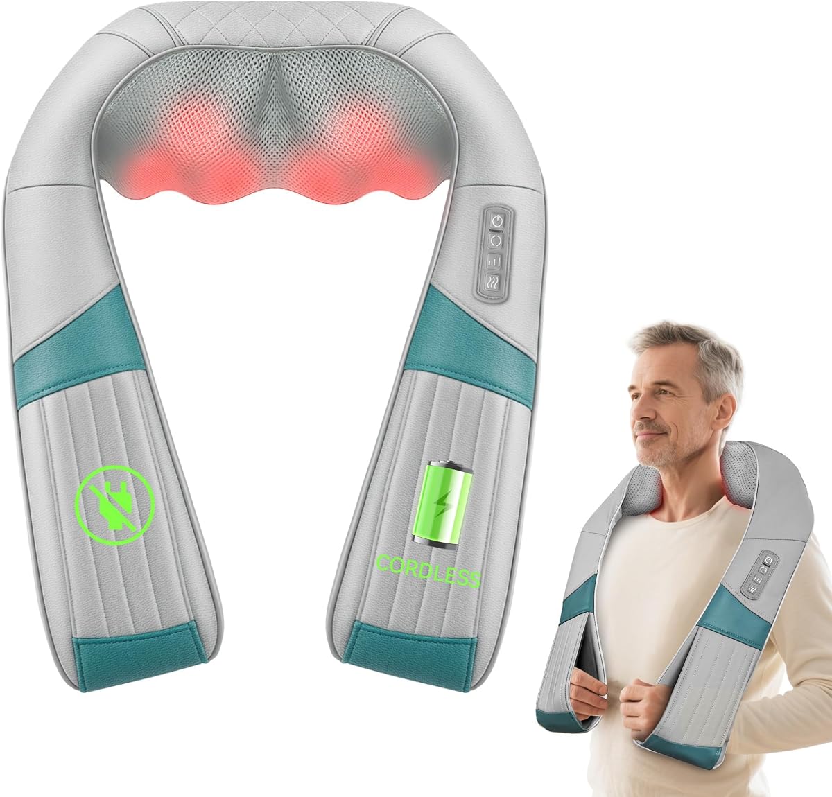 Masajeador de Cuello Inalámbrico con Calor, Masajeador de Espalda de Cuello Shiatsu Recargable para Alivio del Dolor de Tejido Profundo, Almohada Masajeadora de Hombros 4D, con Bolsa de Transporte Portátil, Regalos/Regalos para Mamá, Papá