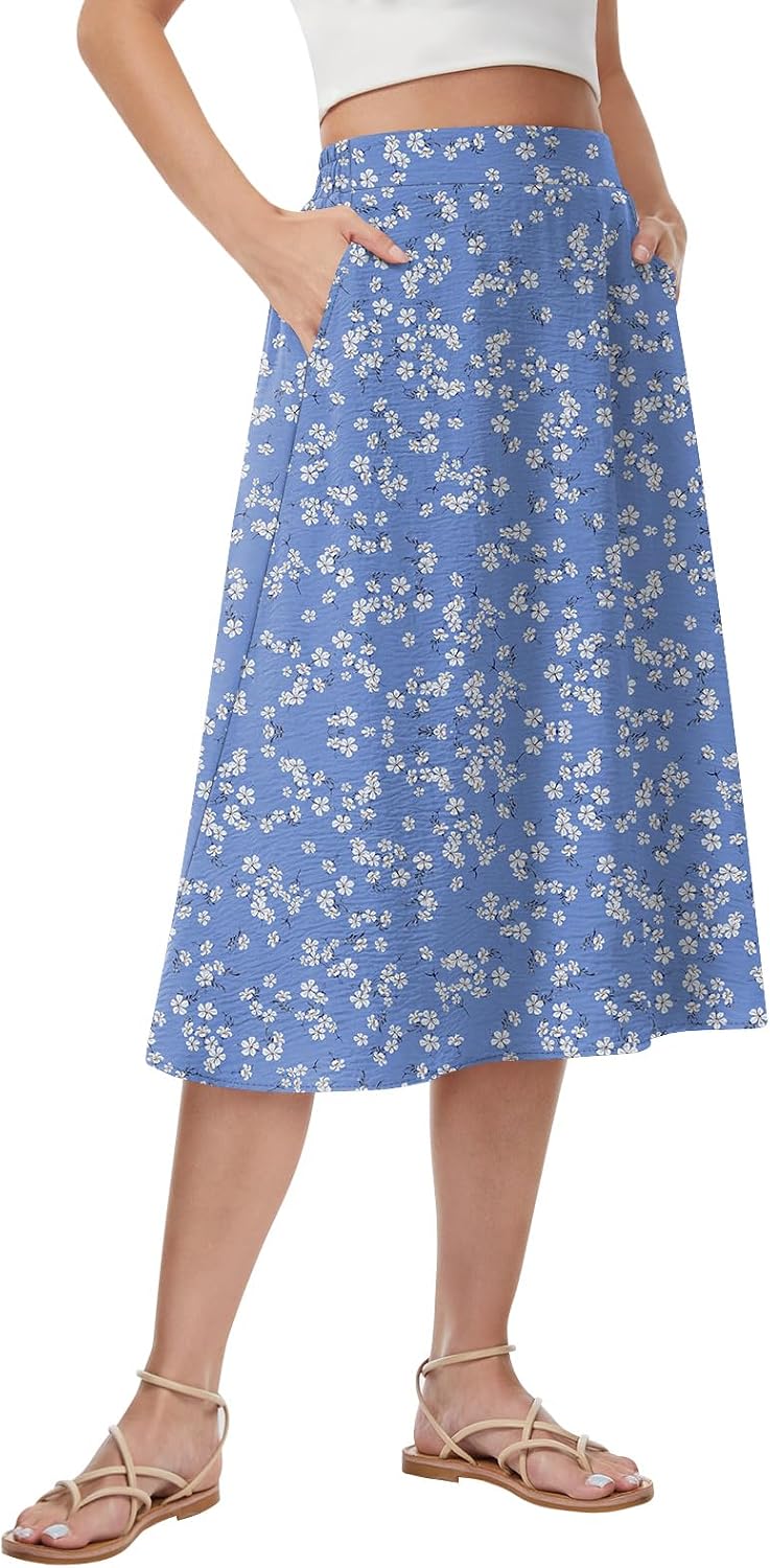 Women's Pleated Midi Skirt High Waist Flowy Casual A-line Knee Length Skirts with Pockets