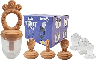 LunaSly Baby Food Feeder/Fruit Feeder Pacifier Set – Infant Teething Toy Teether w/Spoon, Spork, Toothbrush, and Pacifier – Perfect Baby Teether & Fruit Feeder for Fun & Healthy Meals! (Coral)
