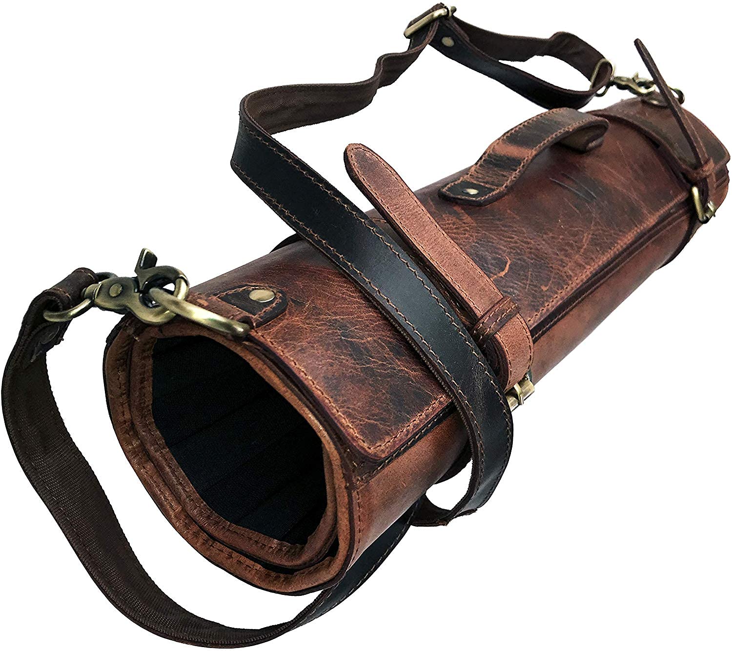 Chef Knife Roll | Genuine Buffalo Leather Knife Roll Case | Portable Travel Storage for Knives & Accessories | 11 Pocket Canvas Chef Knife Bag | Durable & Secure Knife Carrier (Brown)
