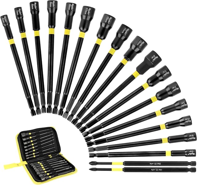 18-Piece Long Magnetic Nut Driver Set for Impact Drill, SAE and Metric Screwdriver Bits, 1/4 Inch Hex Shank Adapter Extension, Cr-V Steel
