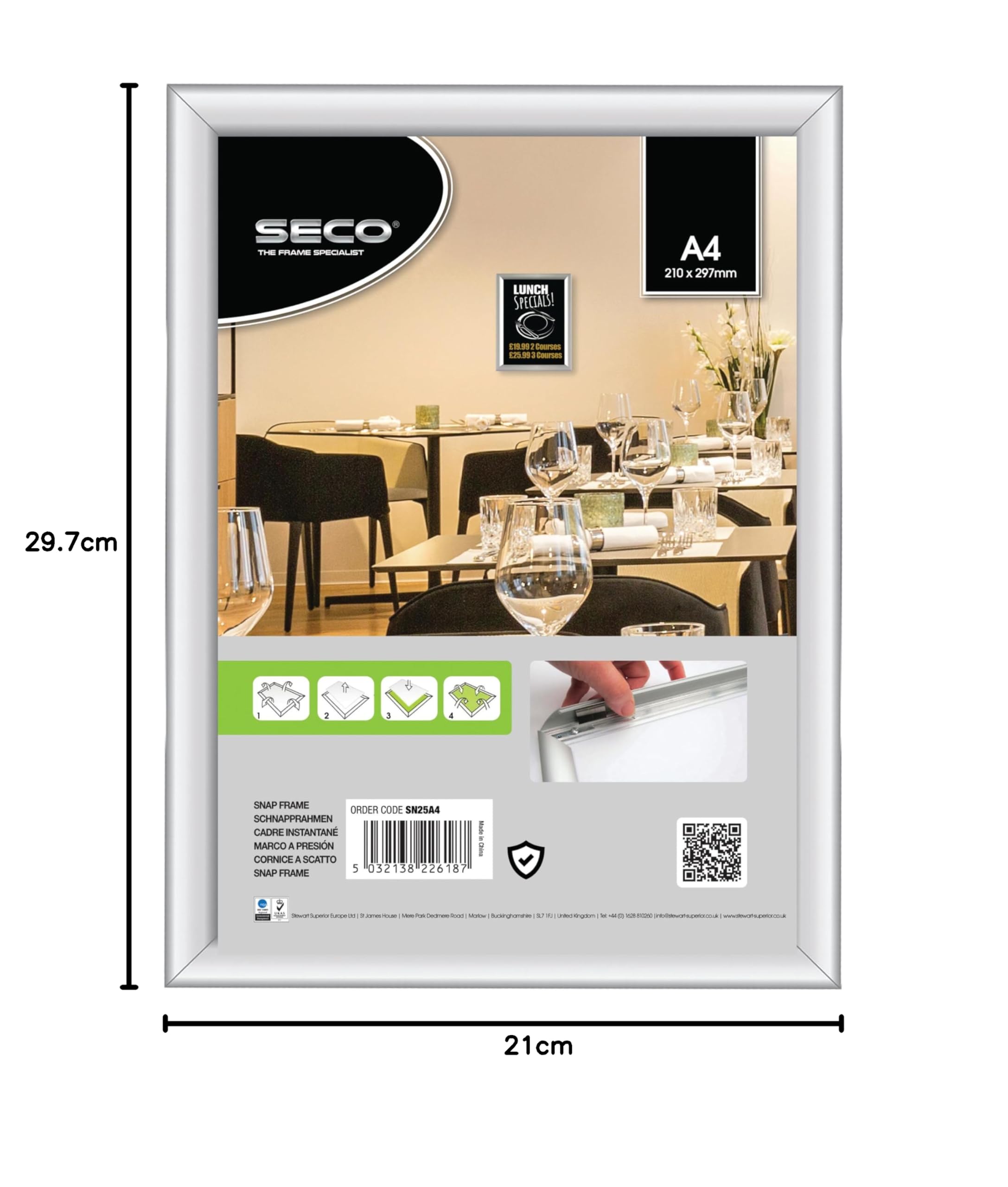 Seco Cornici a scatto in alluminio, formato A4, confezione da 5, 210 x 297 mm, facili da aprire, per poster, punti vendita, menù, avvisi sulla salute e sulla sicurezza, ideali per uffici, negozi e