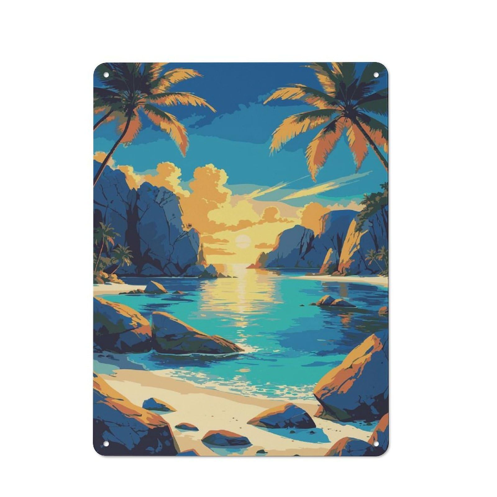 Junmoney Style-5 Tropical Beach Sunset Illustration Vintage Metal Wall Sign 40X30cm For Kitchen Or Home Bar, For Garage, Workshop And Man Cave Decoration
