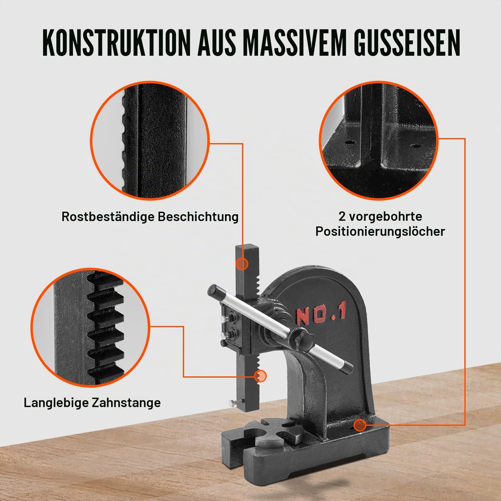 VEVOR Dornpresse 1 t Handhebelpresse 150 mm Maximale Höhe Gusseisen Desktop-Stanzpresse