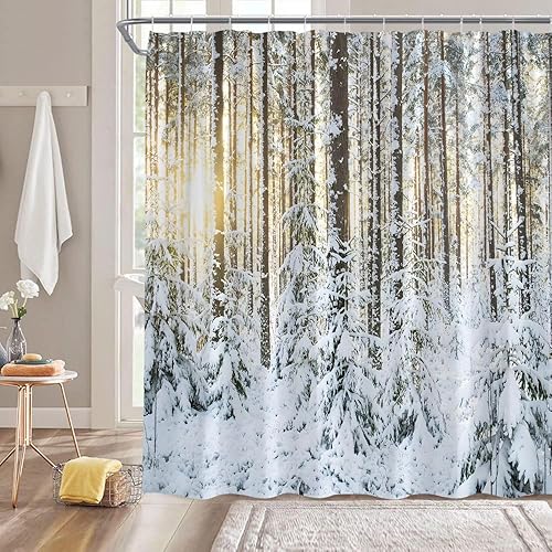 Miniatura 2 de Cortina de ducha de bosque de invierno, árbol de abedul, tronco de nieve, paisaje, naturaleza, sol, día festivo, rústico, marrón, blanco, cortina de