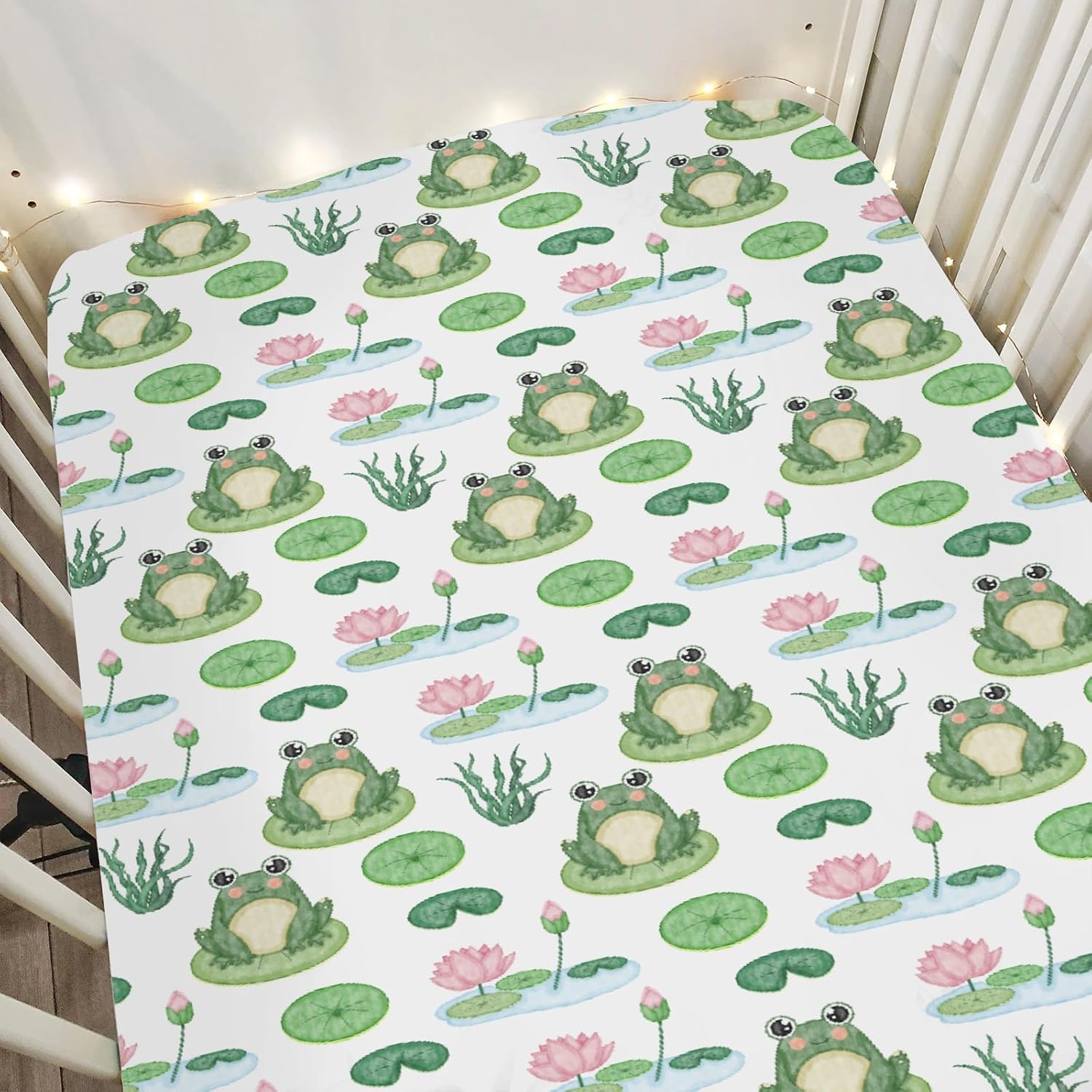 Green Frogs Water Lilies Baby Crib Sheets for Boy Girl 52"x28" Cartoon Frogs Floral Pond Soft Stretchy Fitted Crib Mattress Cover Wildlife Nursing Baby Sheet for Crib & Toddler Bed Mattresses