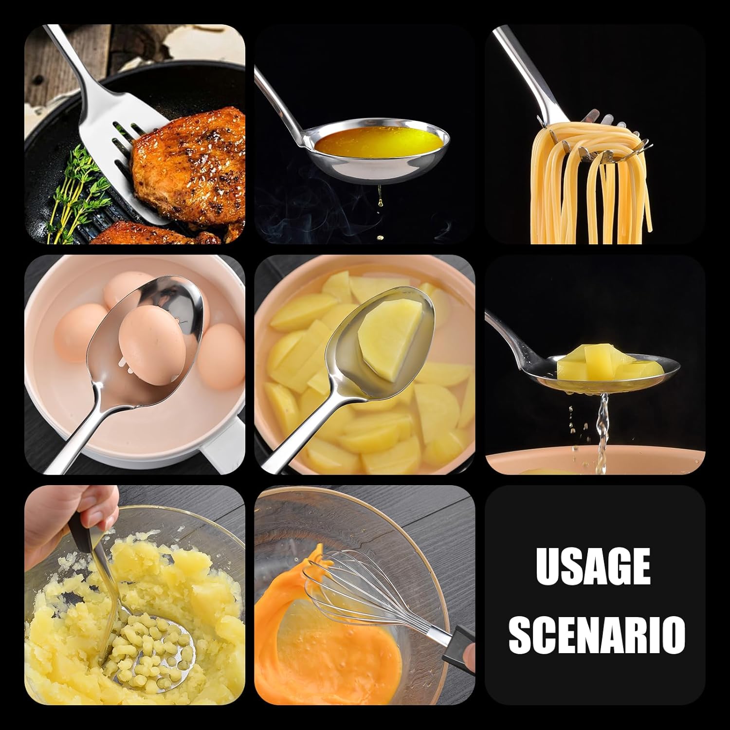 Premium Stainless Steel Kitchen Utensil Set, 8-Piece Cooking Tools with Black Ergonomic Handles, Includes Turner, Spoons, Skimmer, Whisk - Image 9