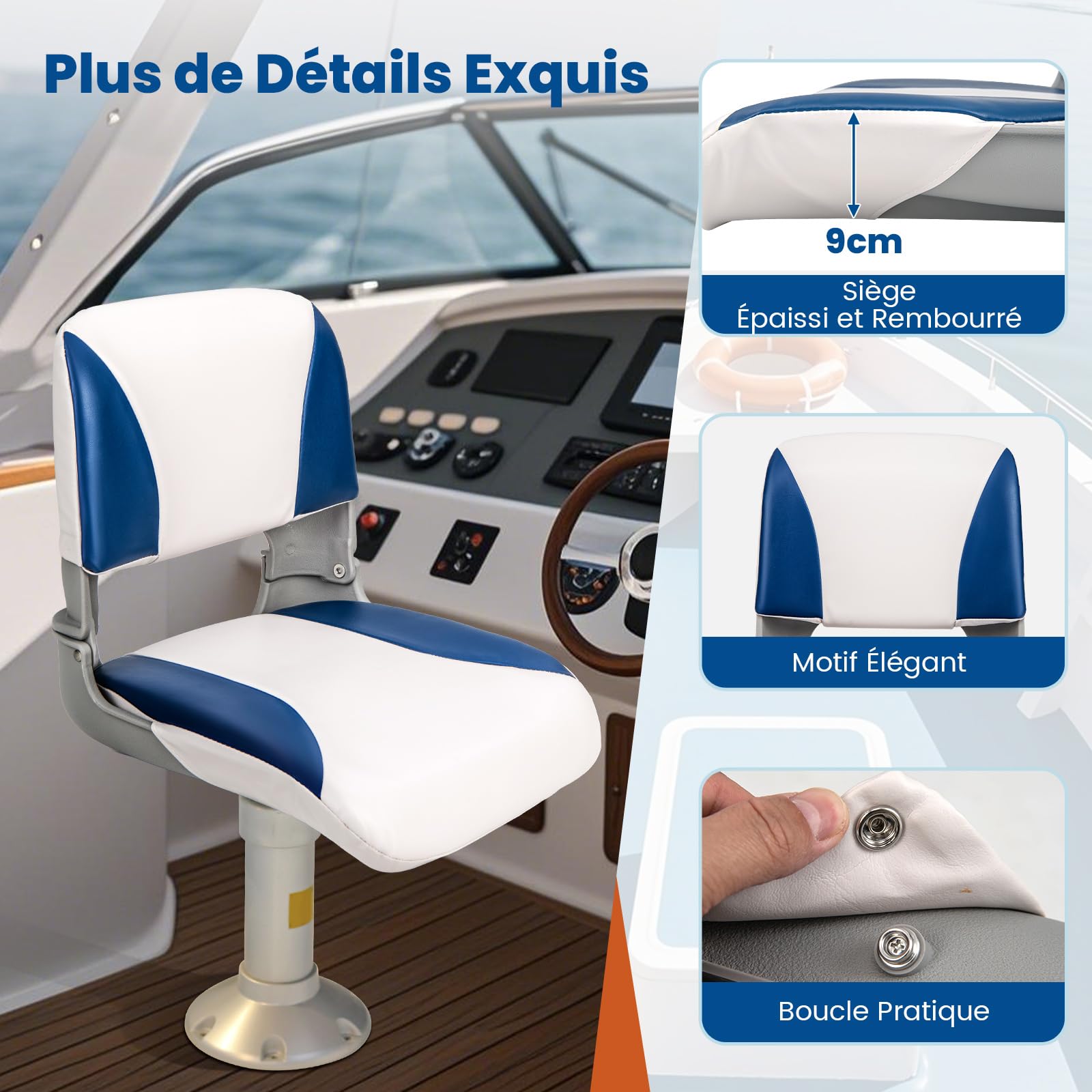 GOPLUS Lot de 2 Sièges de Bateau à Dossier Bas, Sièges de Capitaine Pliables en PVC Imperméable & Rembourrage en Mousse Épaisse & 4 Boulons, pour Bateau de Pêche, Vedette Rapide, Kayak 49 x 46 x 48 CM