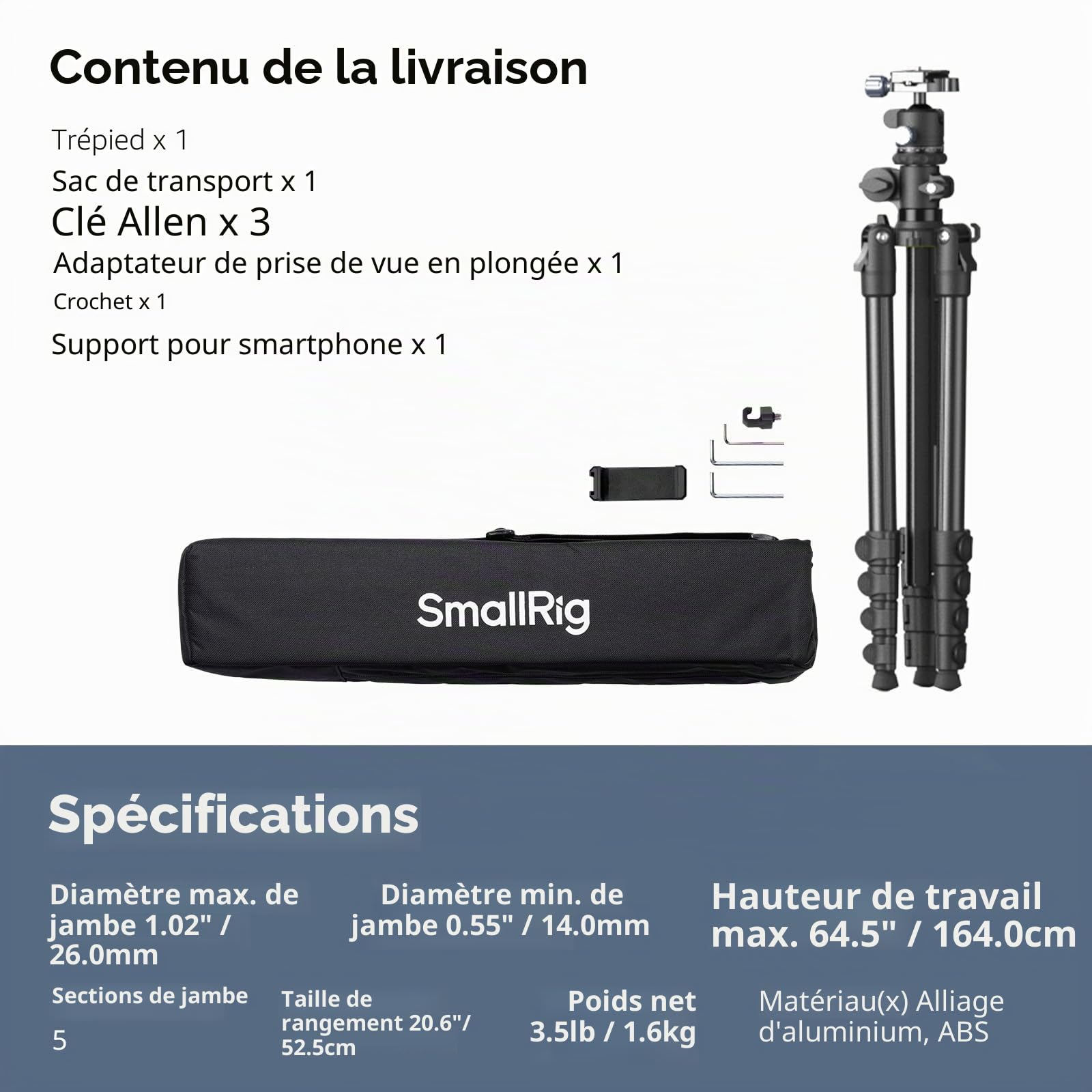 SMALLRIG Trépied Horizontal CT25 164 cm (64,5") pour Appareil Photo avec Support pour Smartphone et Sac de Transport, Charge Maximale de 10 kg (22 lb) pour Prises de Vue Aériennes.