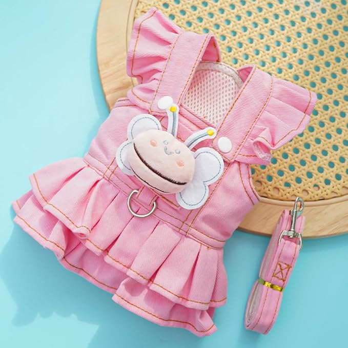 Vestido de mezclilla para cachorro de gato con correa y abeja de peluche miniatura 2