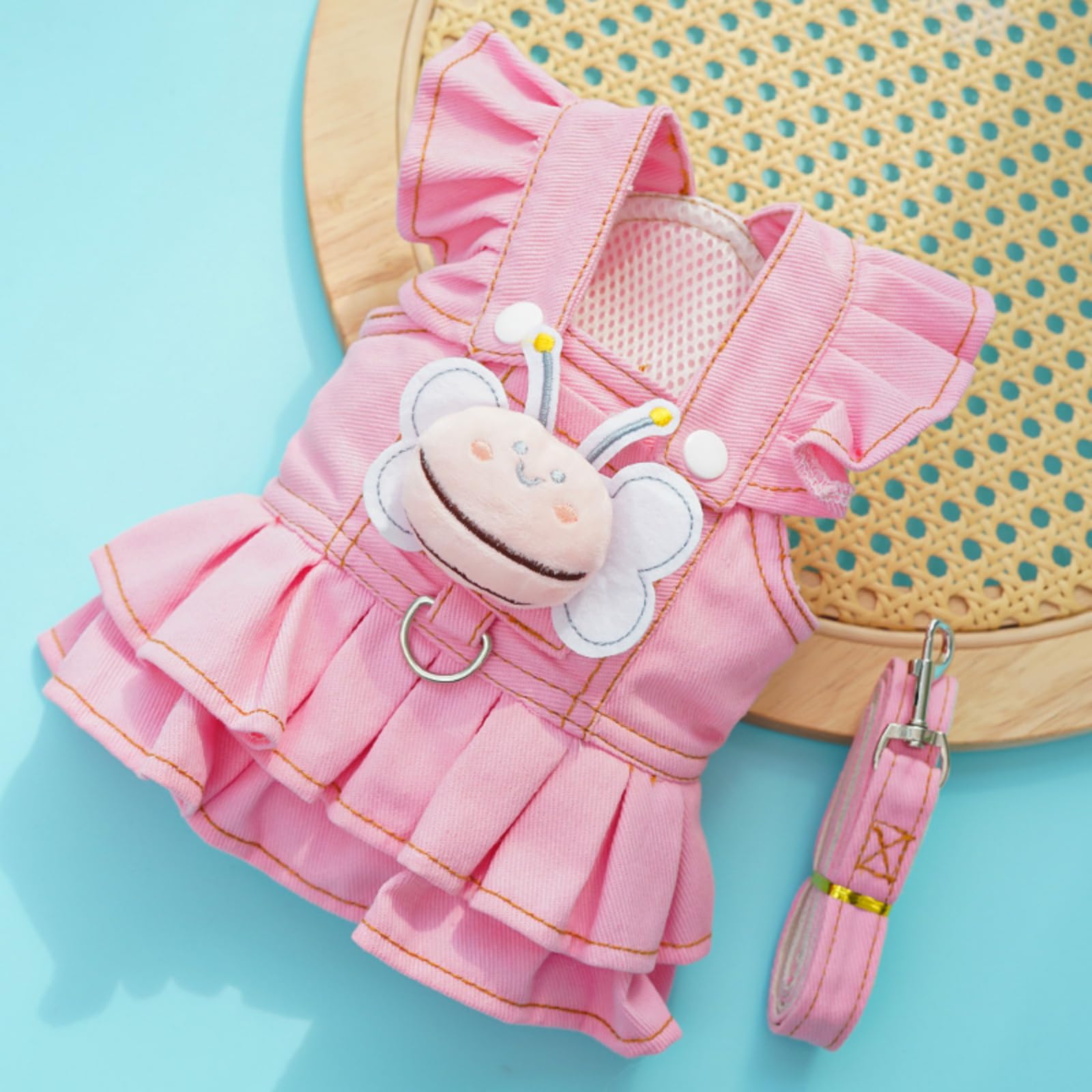 Layheld Cat Puppy Costume Cute Jelly-Colored Denim Overalls Dress with Leash Bee Plush & Puff Sleeves Decor Pet Accessories Full Sizes for Kitten