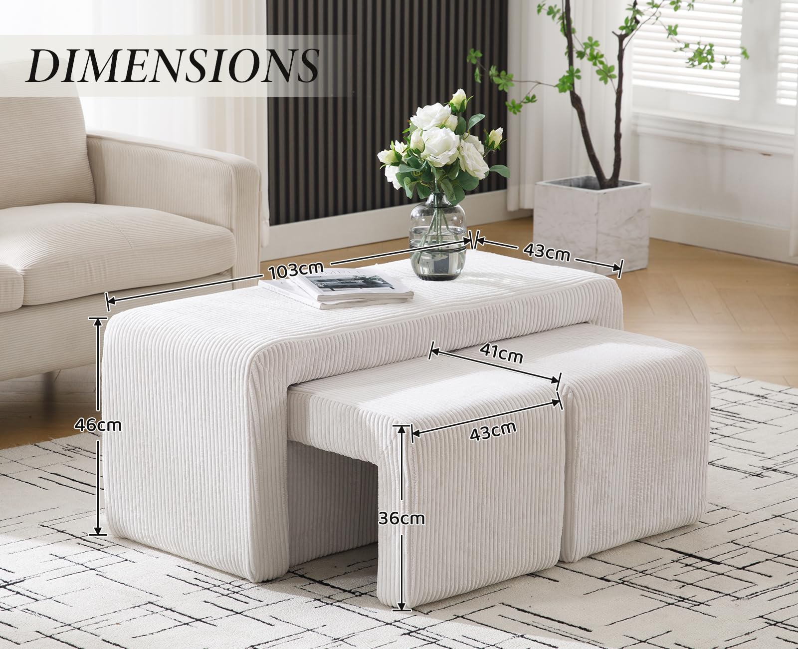 Chairus Banco Dormitorio Tapizado de Pana Moderno con 2 Taburetes de Salón Pequeños, de Entrada Montables para Hogar/Sala de Estar, Blanco