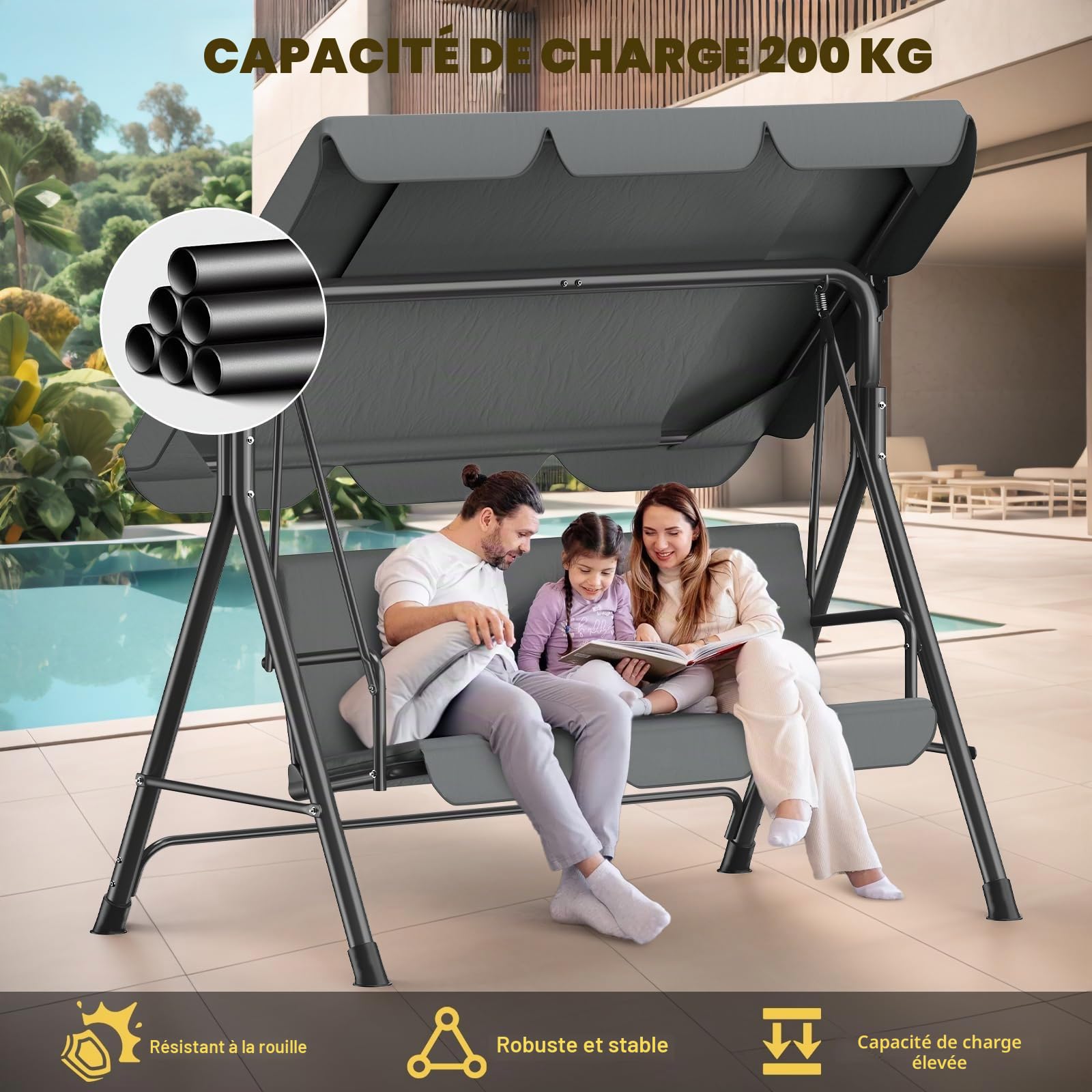 Balancelle Jardin 3 Places,Chaise à Bascule avec Toit Pare-Soleil et Coussin Amovible,Chaise de Jardin,Structure Métallique Stable,Charge 270 kg,Banc à Bascule pour Extérieur,175x110x152cm,Anthracite