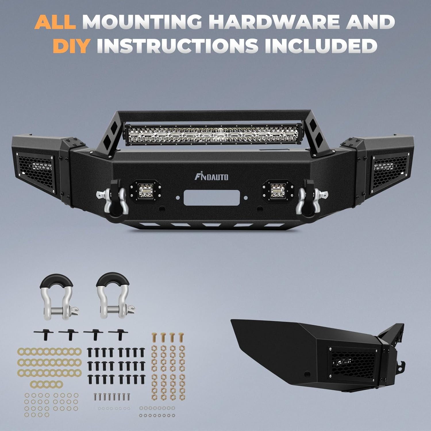 FINDAUTO Front Bumperfit for 2018-2020 for Ford for F-150 Heavy Duty Steel Bumper Upgraded Textured Black Automotive Bumpers with Winch Plate & LED Light and D-Rings