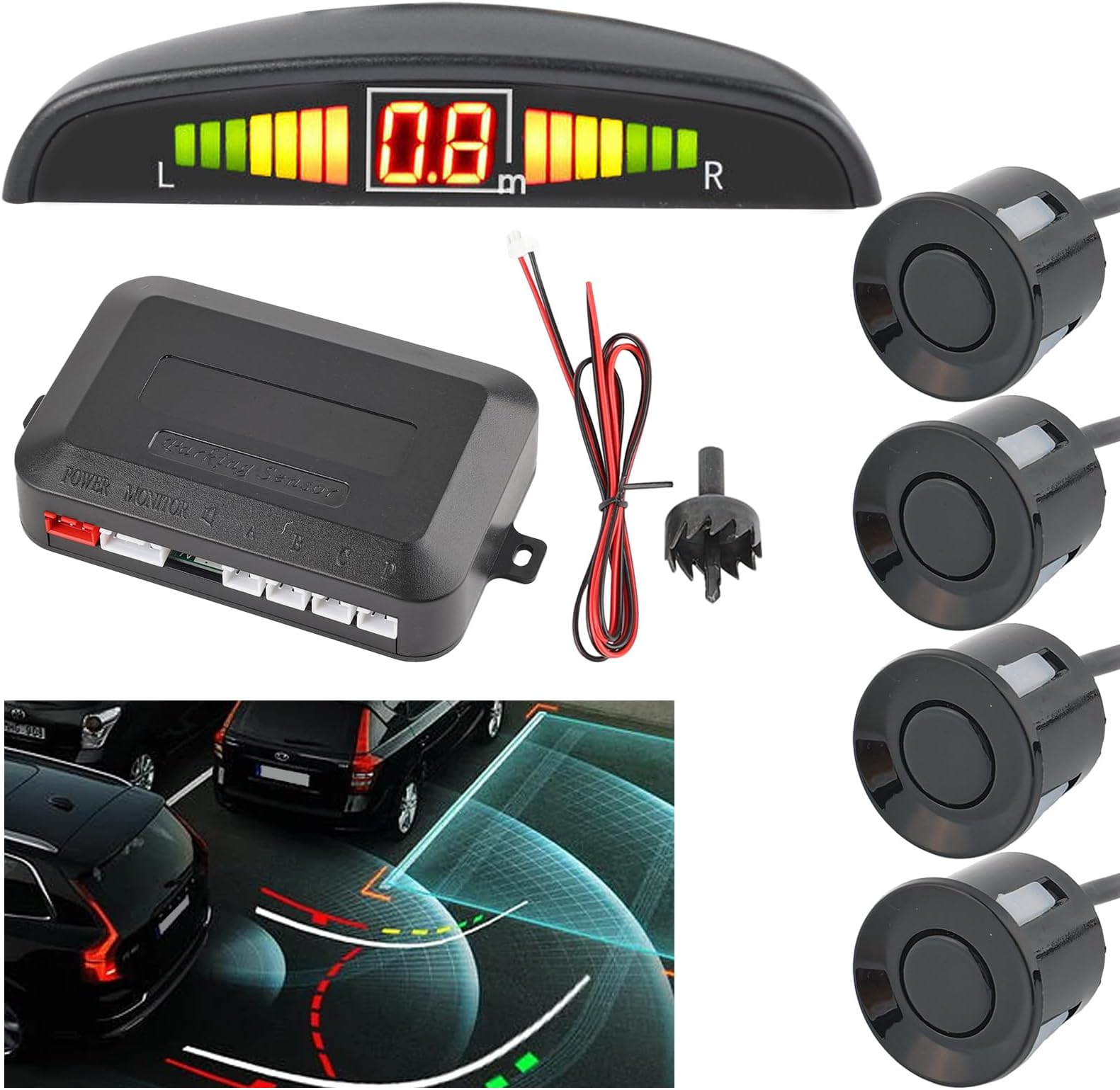 Reverse Backup Sensors Parking Radar System for Cars, 4 Parking Waterproof Detection Sensors LED Distance Display Warning Buzzer Alert Probe System Black