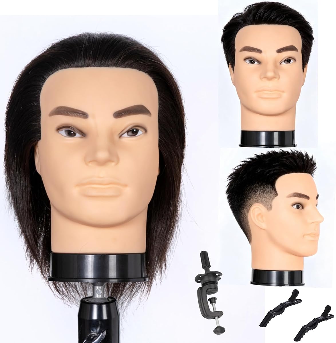 Male Mannequin Head 100% Human Hair Mannequin Head | Cosmetology Mannequin Head with Stand Mannequin Head Human Hair Doll Head (black)
