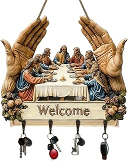 Jesus and Disciples Wall Art Keychain, 2D Flat Religious Key Holder with Hooks, Small Keychain Organizer Rack for Entryway, Hallway, Entry, Key Ring Hooks, Religious Gifts for Family, Friends
