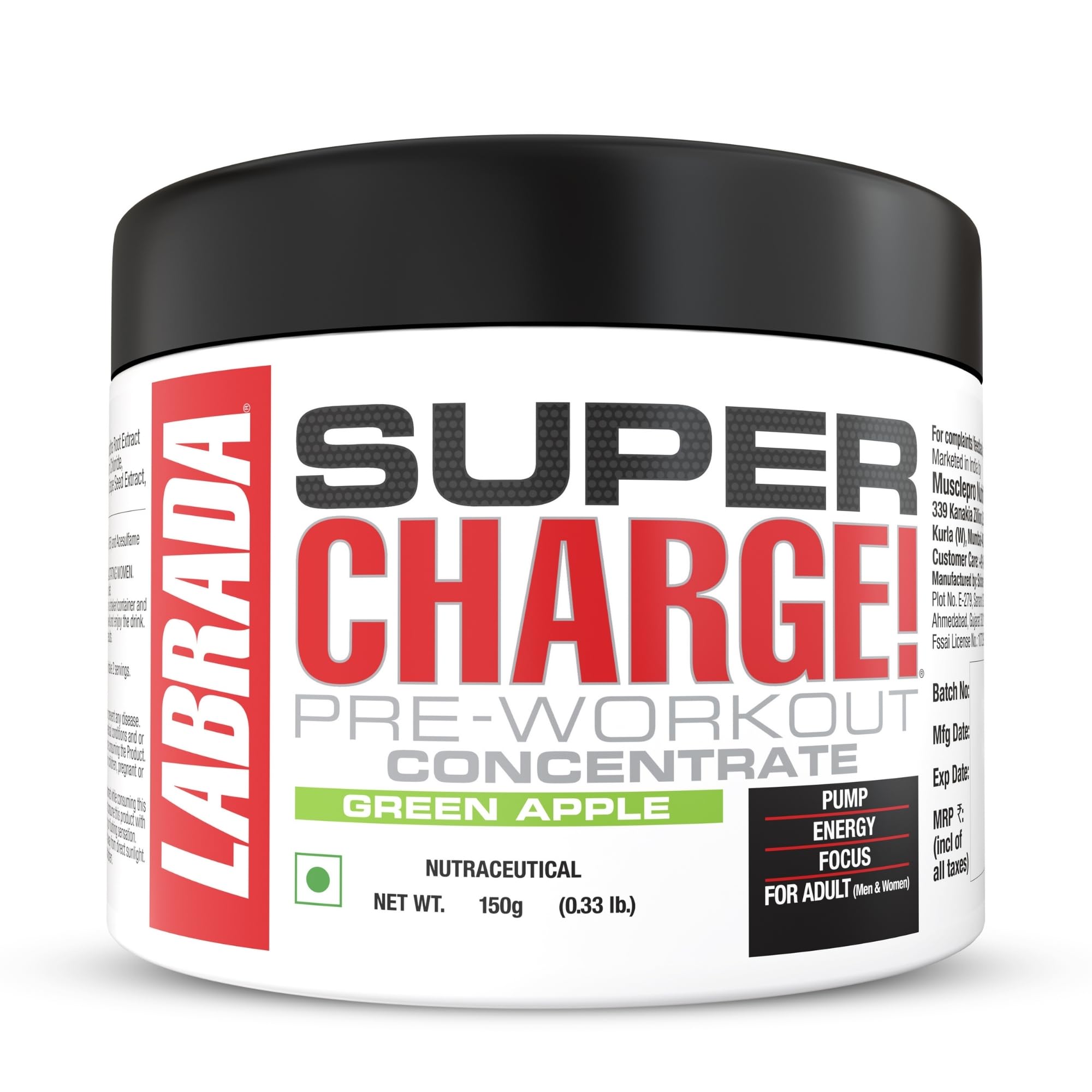 Labrada Super Charge Pre-Workout Concentrate 150G, Green Apple (30 Servings|0.75G L-Arginine|375Mg L-Citrulline Malate|2G Beta Alanine|150Mg Caffeine Anhydrous|250Mg Ashwagandha Extract), Powder-image-5