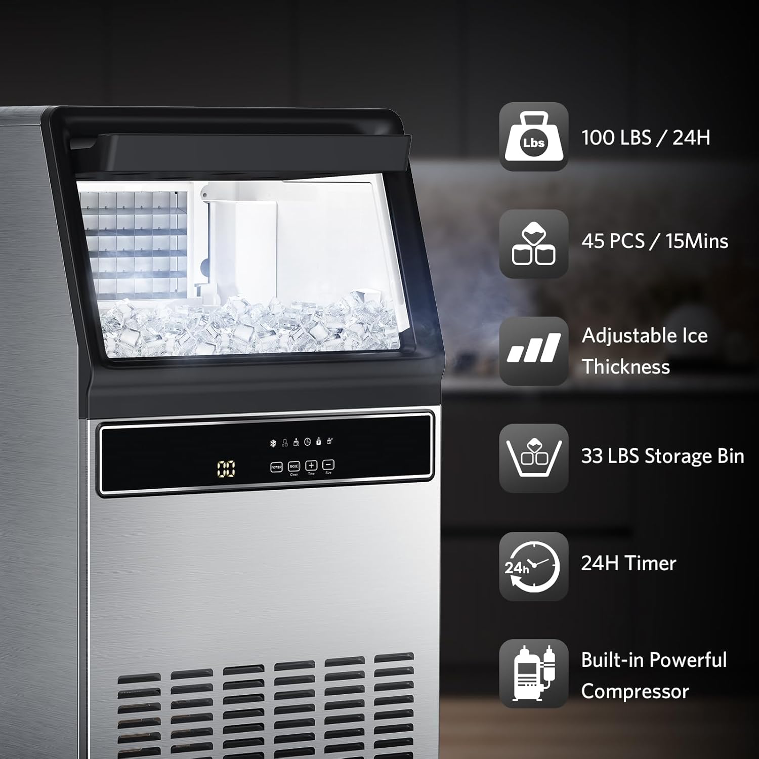 Key features of the ice maker including production capacity and storage