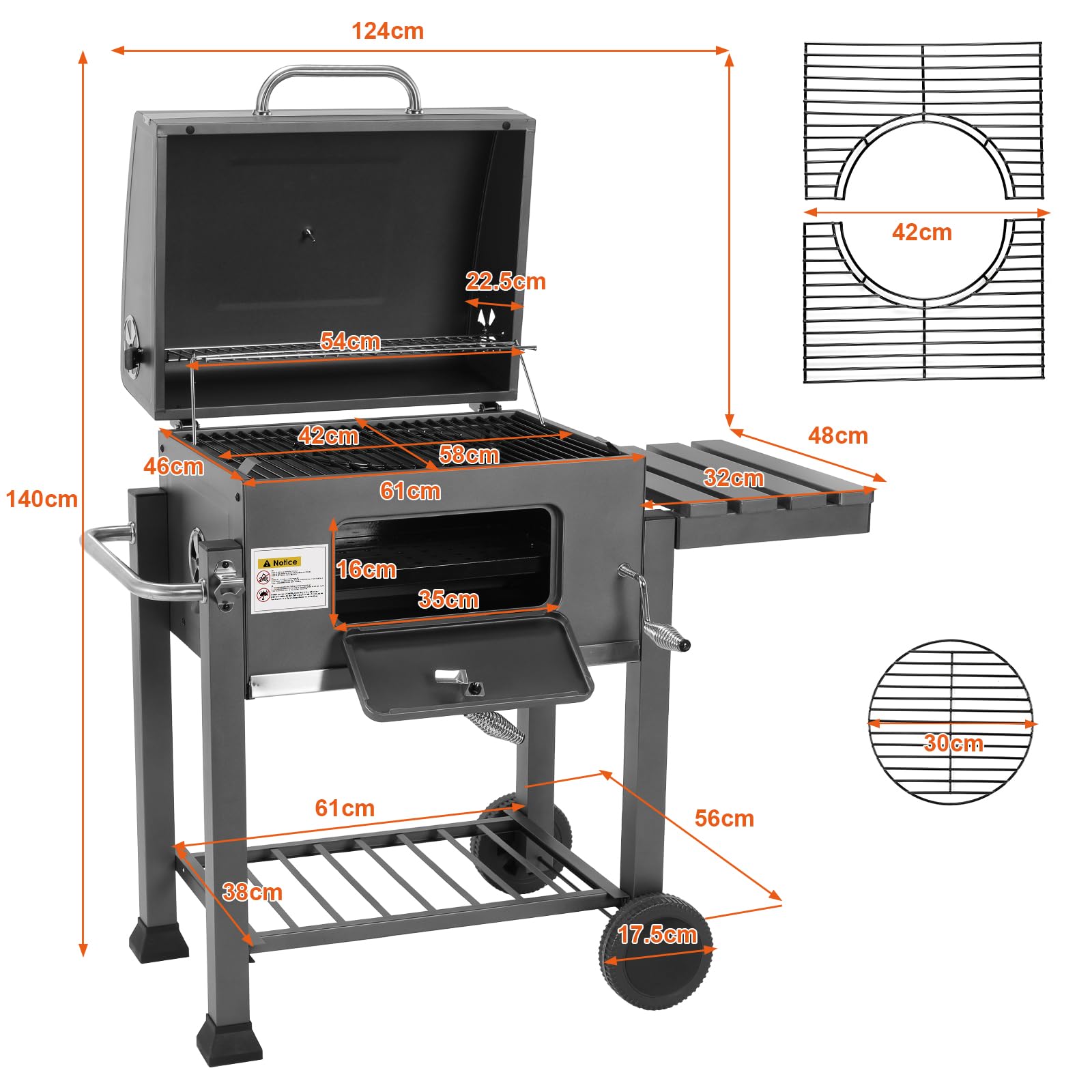 Barbecue Charbon de Bois XL, Chariot à Barbecue, Grill XL à Charbon avec Couvercle, 2PCS Roues, Thermomètre, Réglable en Hauteur, Grand Barbecue au Charbon de Bois, pour Camping et Jardin, Gris