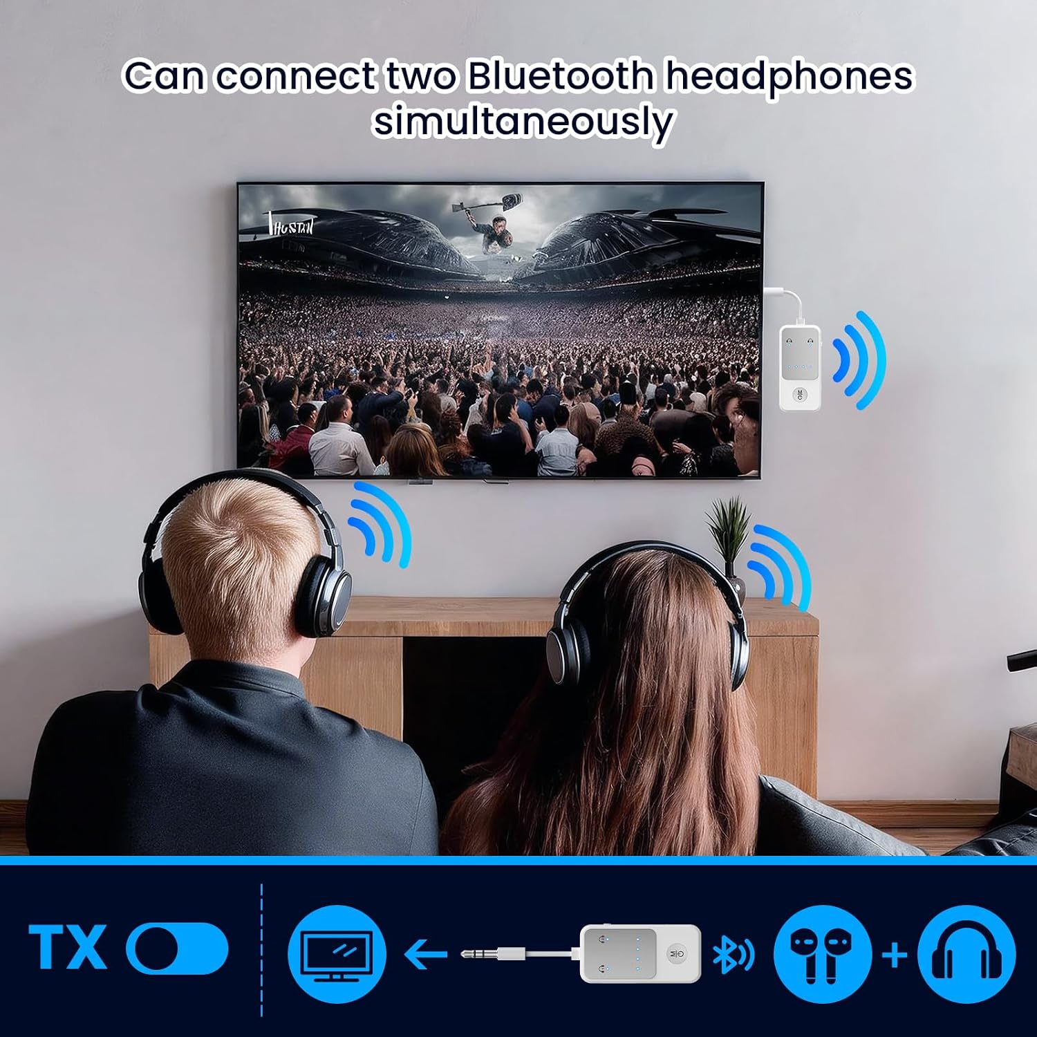 Bluetooth 5.2 Transmitter Receiver, Qualcomm aptX Adaptive Audio Adapter, 2-in-1 Wireless 3.5mm Aux Adapter for TV, Airplane, Car, Gym, Dual Link for 2 Headphones, 19H Playtime