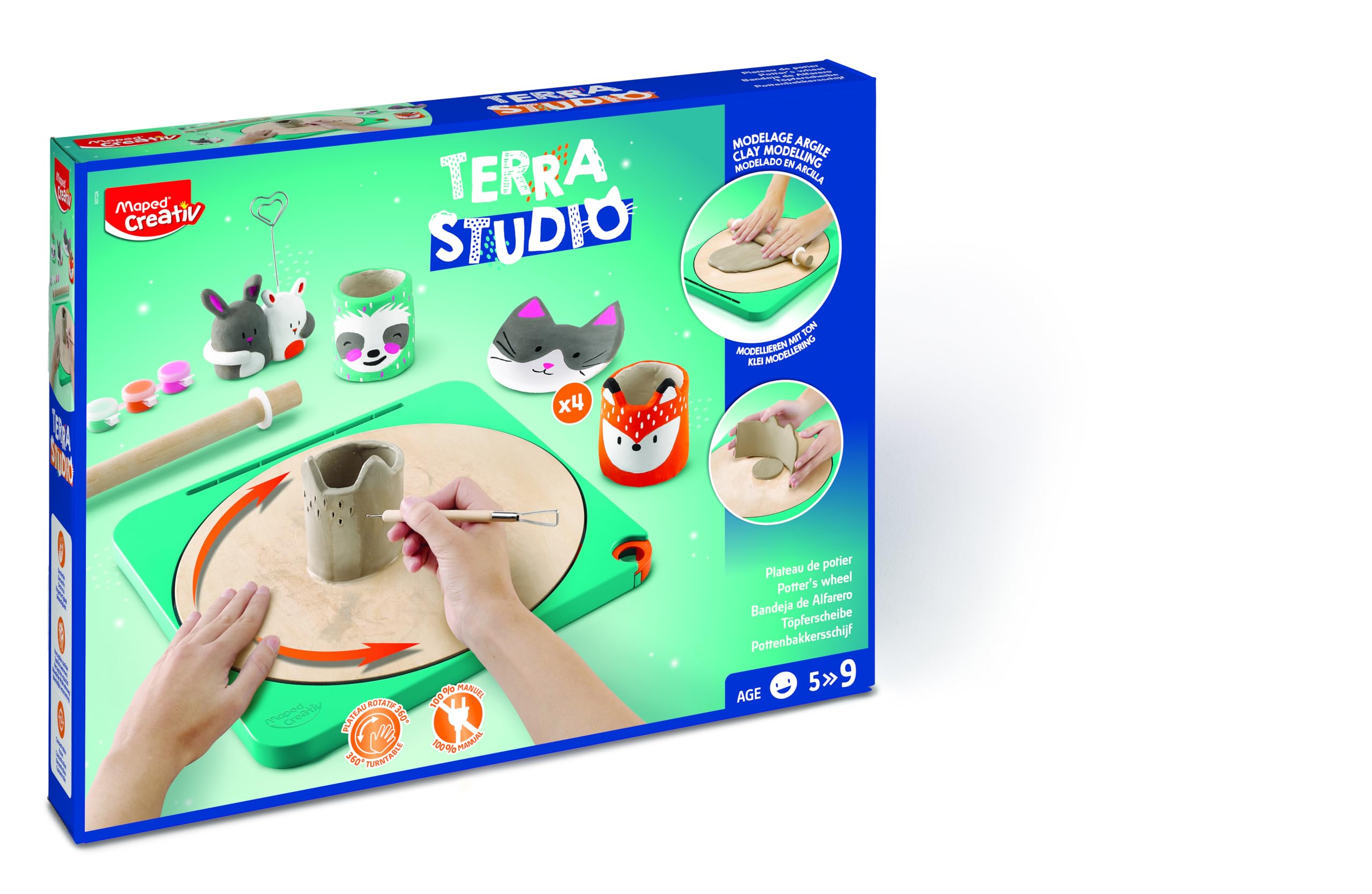 Maped - Terra Studio Juego de Alfarería Torno Eléctrico con Todo Incluido: Arcilla, Herramientas y Pinturas, Manualidad Divertida para Niños Artistas, Crea tus Propios Cacharritos de Barro