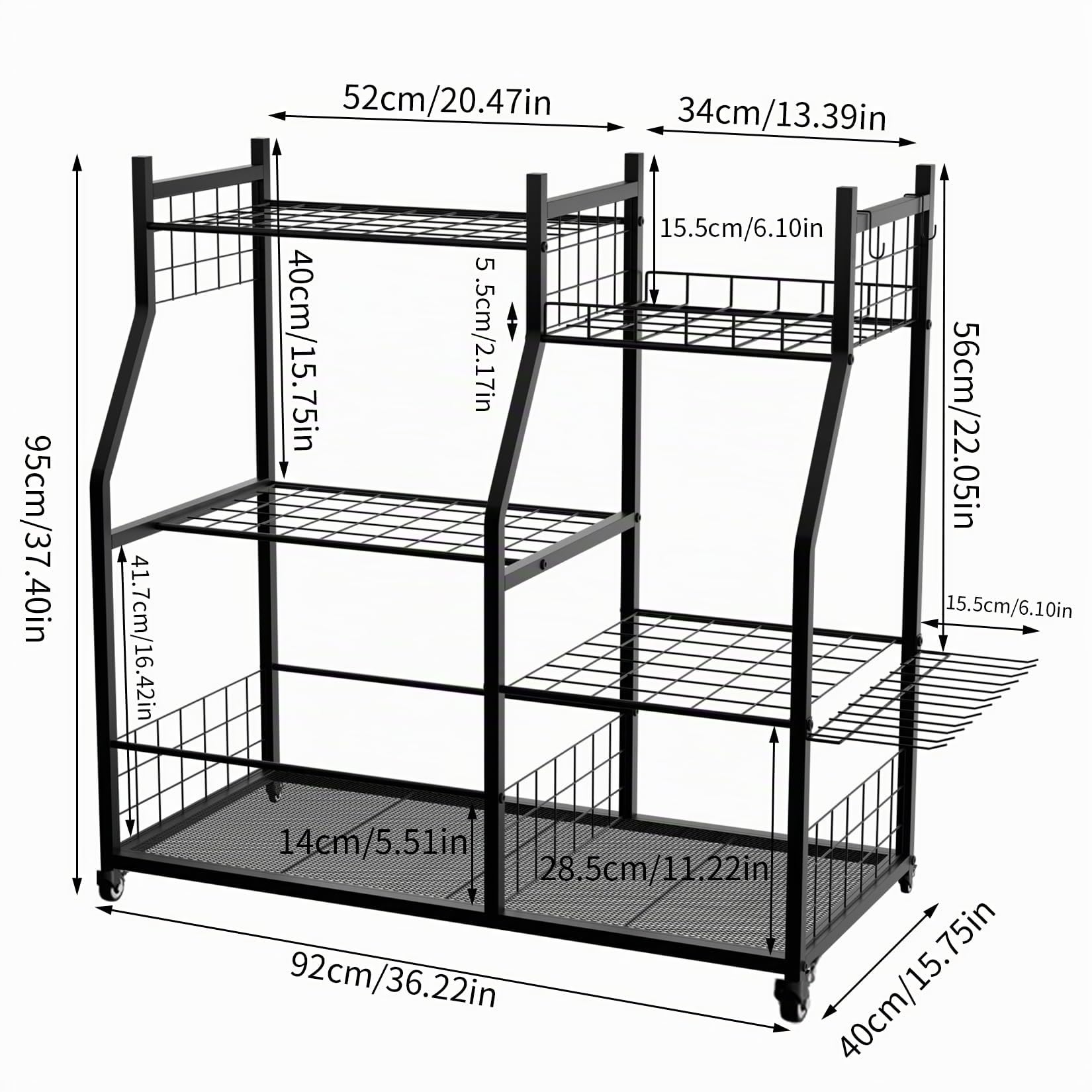 unho Estantería para Herramientas de Jardín con Ruedas - Estantería de Almacenamiento de 3 Niveles para Garaje con 45 Ranuras para Mangos y 30 Ganchos, para Garage, Taller y Exterior