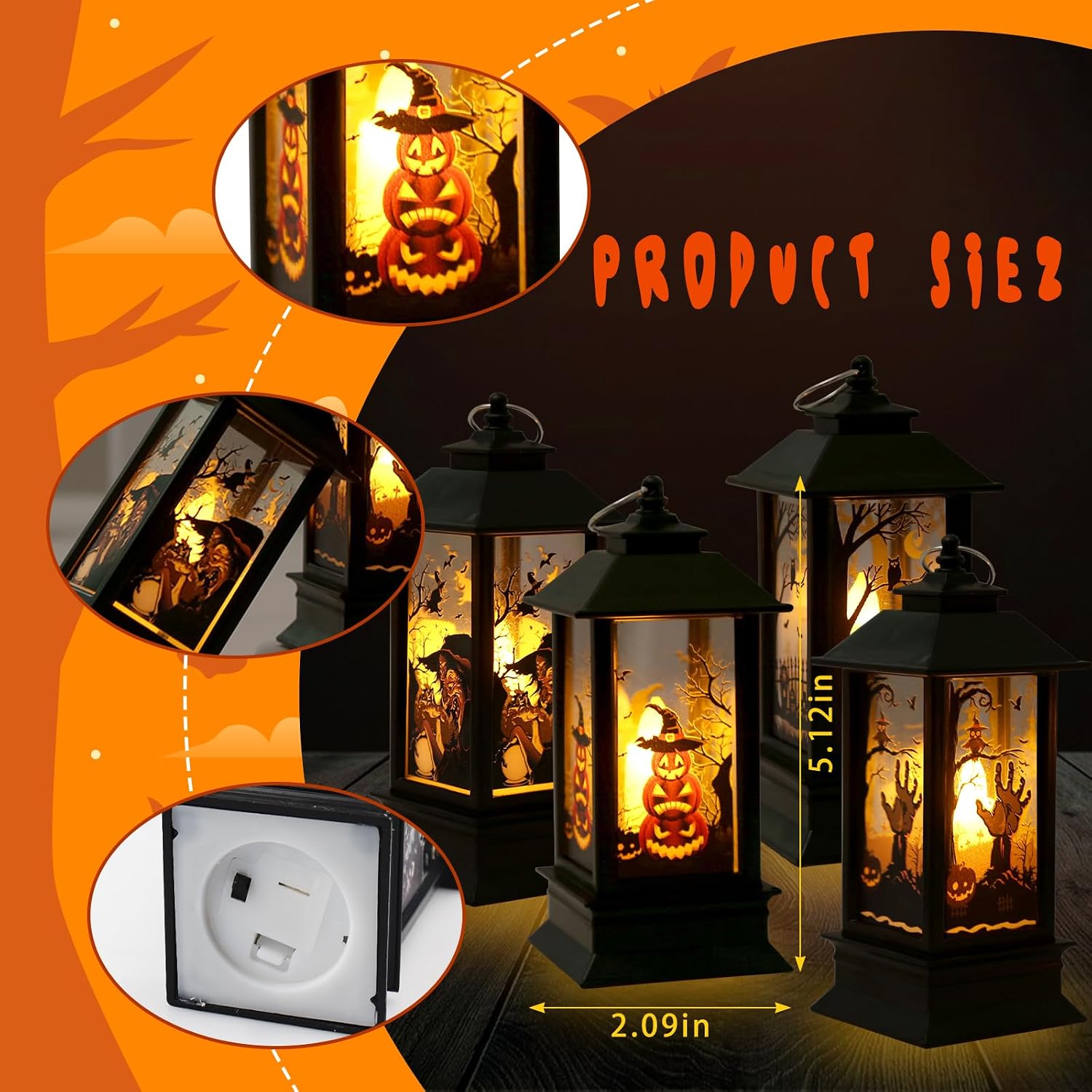 Halloween Lanterns Decorations 4 Pack, Battery Operated Black Pumpkin Witch Lanterns, Flickering Light for Indoor Party Home Decor