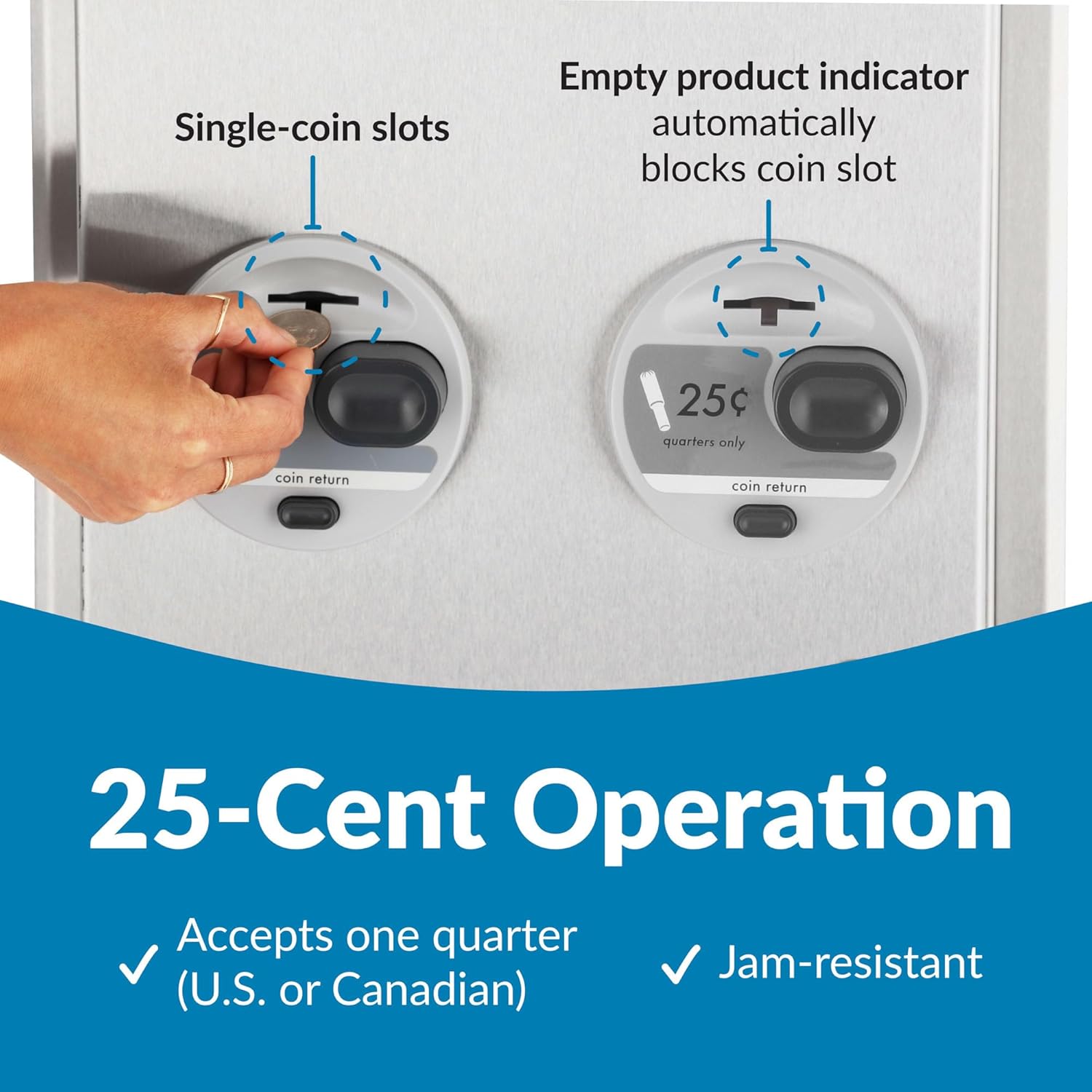 Bobrick Recessed Napkin/Tampon Dispenser, 25 Cent Operation Dual Dispenser for Commercial Use Holds 20 Napkins & 30 Tampons Satin-Finish Stainless Steel Push-Button (Model B-3706 25)