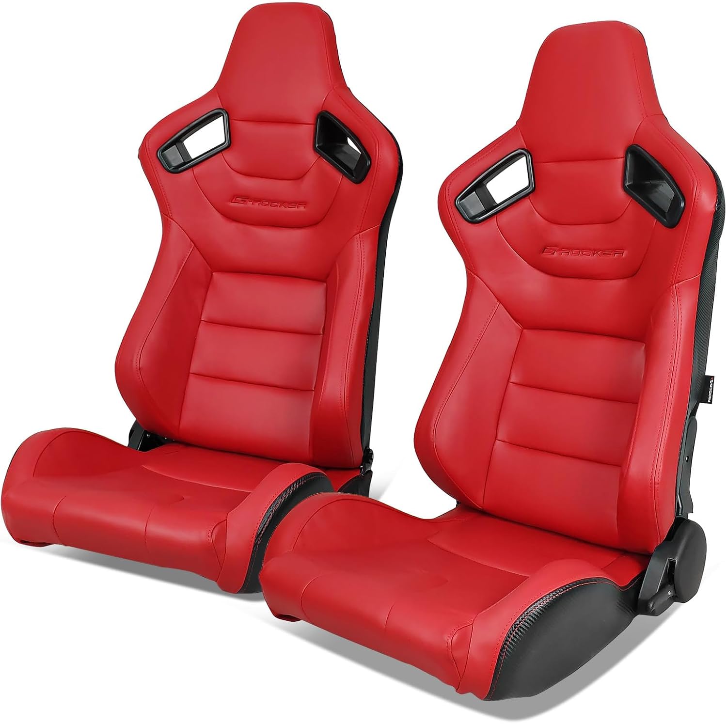 Universal Pairs of Racing Seat with Dual Sliders, PU Leather Front+Carbon Leather Back Reclinable Bucket Seat, Red w/LOGO