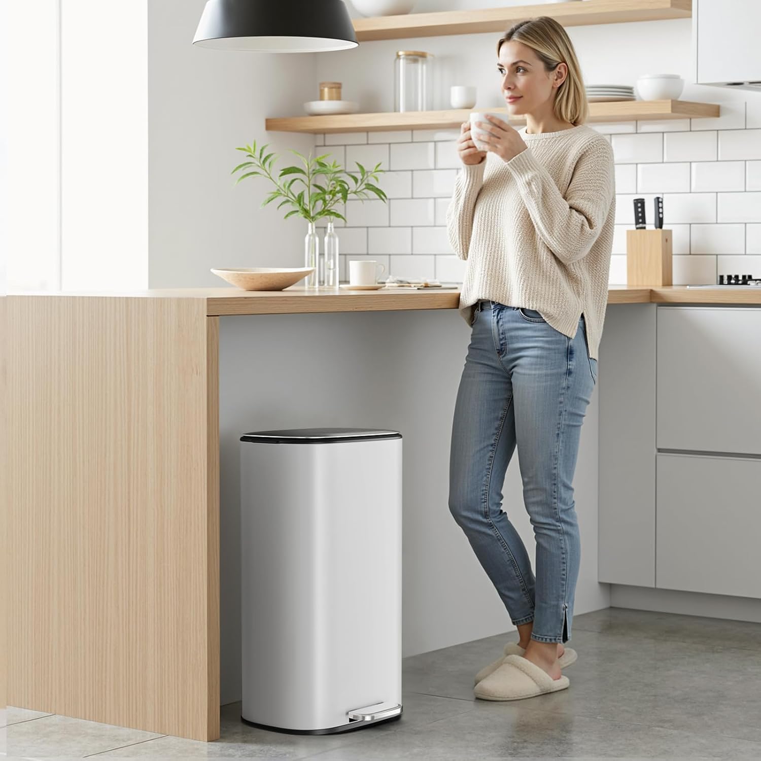 Arlopu 8 Gallon / 30L Step Kitchen Trash Can W/Slow-Closing Lid & Handle, Oval Kitchen Garbage Can W/Removable Inner Bucket & Foot Pedal, Brushed Stainless Steel, for Home, Office (White)
