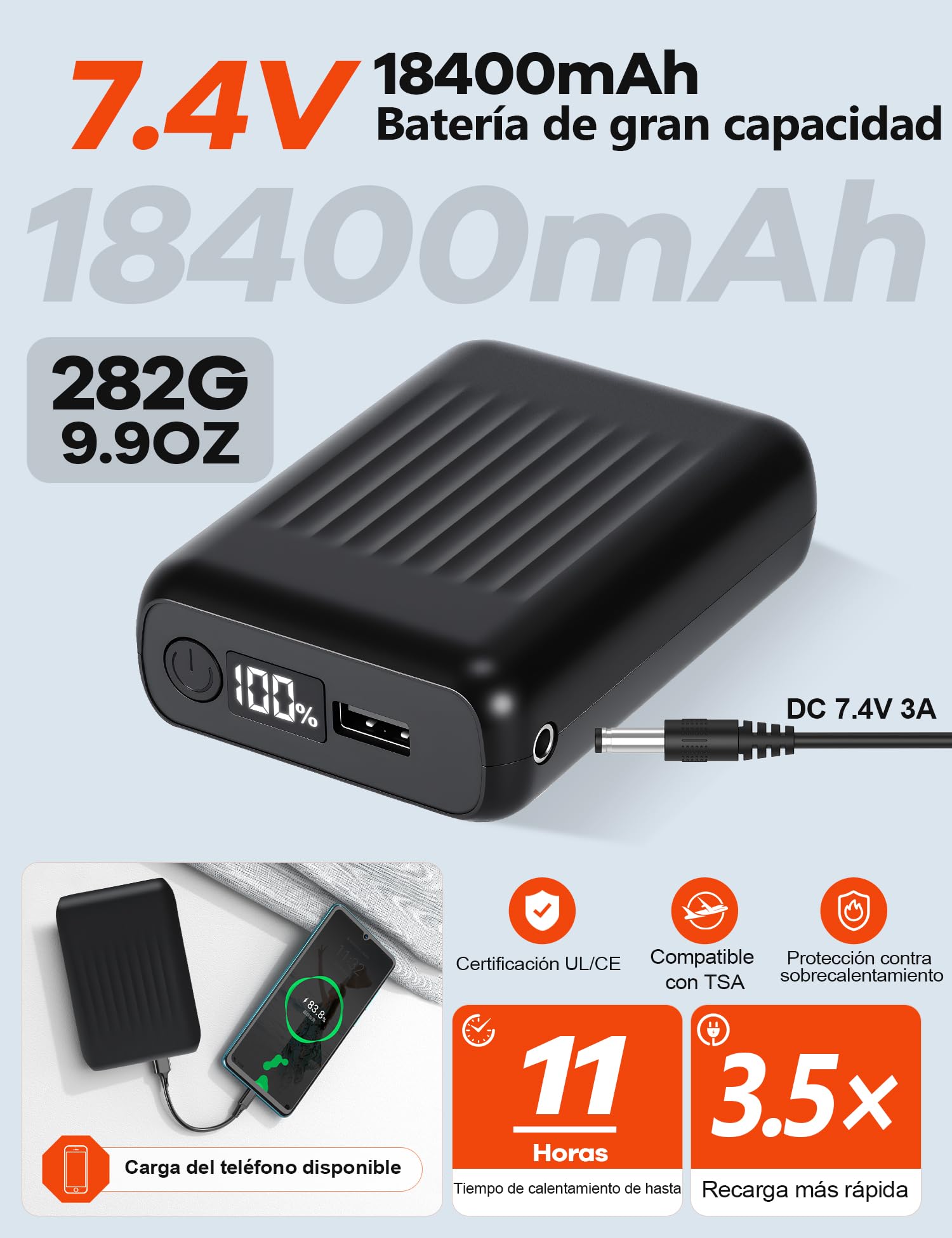 Chaleco Calefactable Hombre con 18400mAh 7.4V， Forro Polar, 8 Zonas Calefactoras, Lavable, Chaleco Eléctrico Para Uso Diario y al Aire Libre