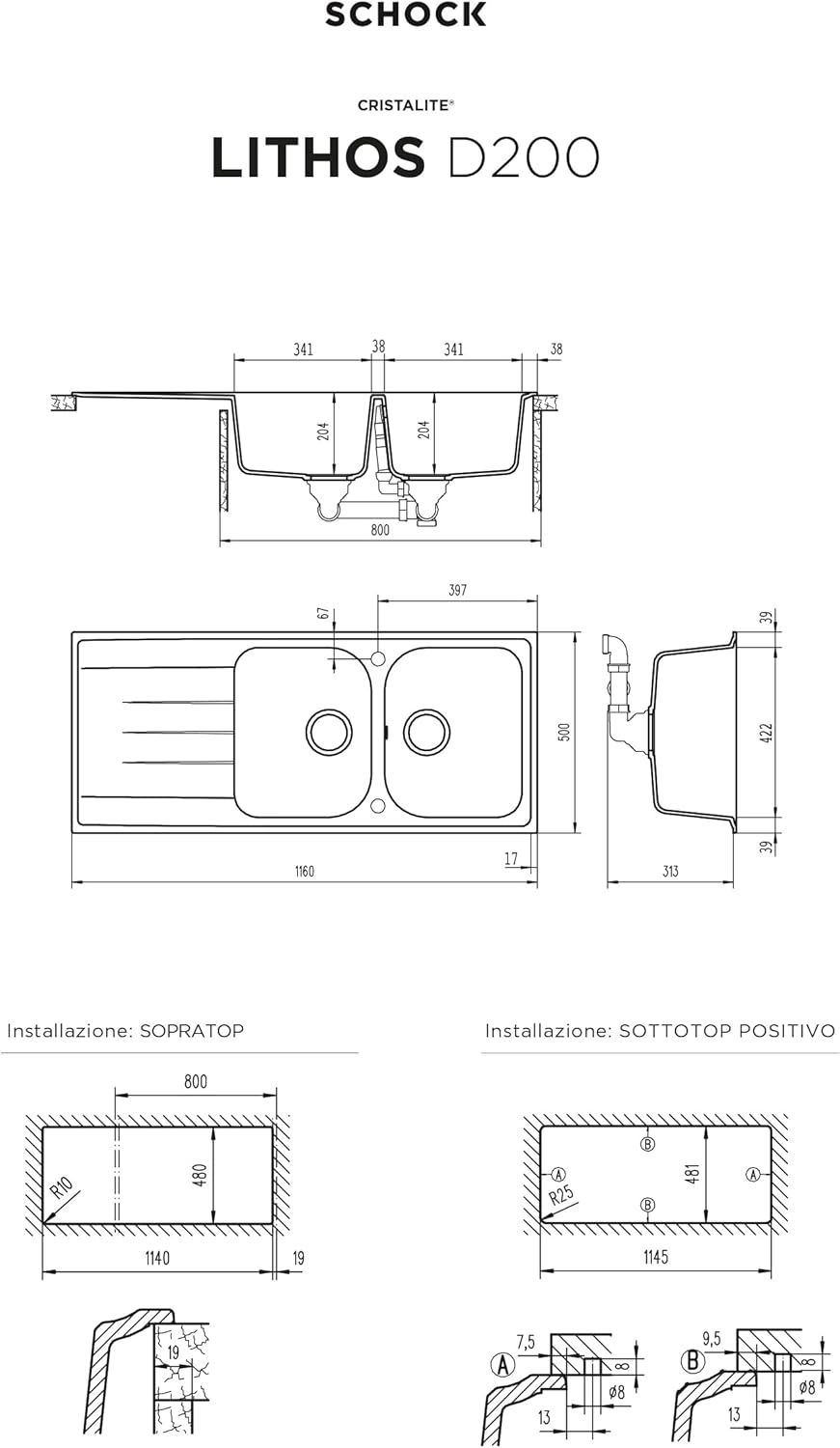 Technical diagram showing dimensions of SCHOCK Lithos D200 sink and cutout measurements.
