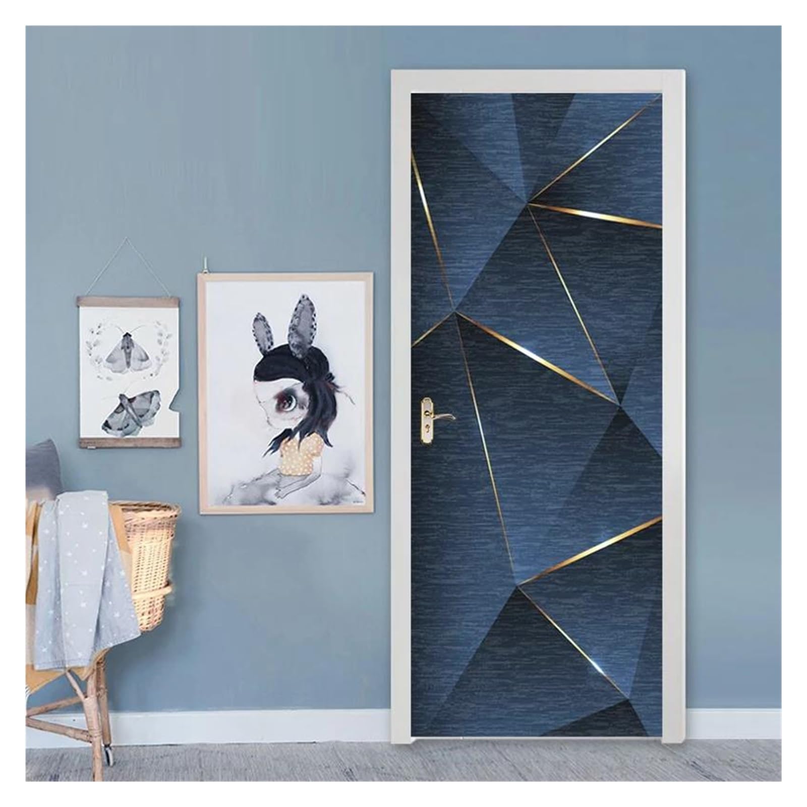 Papier peint mural 3D bleu géométrique 77x200cm pour déco porte salon