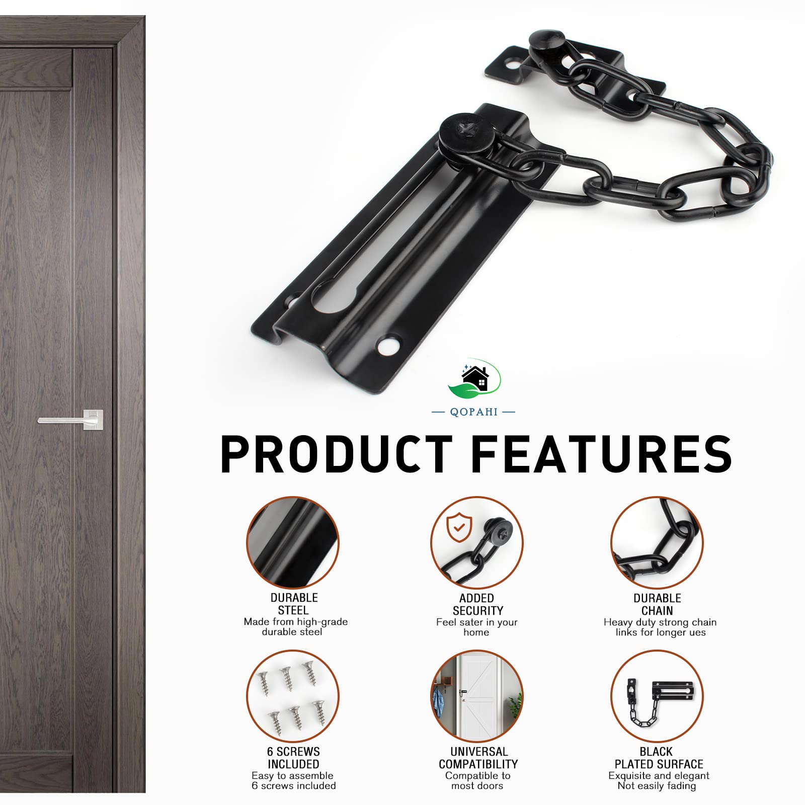 QOPAHI Door Chain Lock for Front Door Internal Door Security Chain 85×40mm Safety Locks Door Chains for Upvc Doors Fit for Home Bedroom Bathroom Hotel Preventing Unauthorized Intrusion(Black) - Image 3