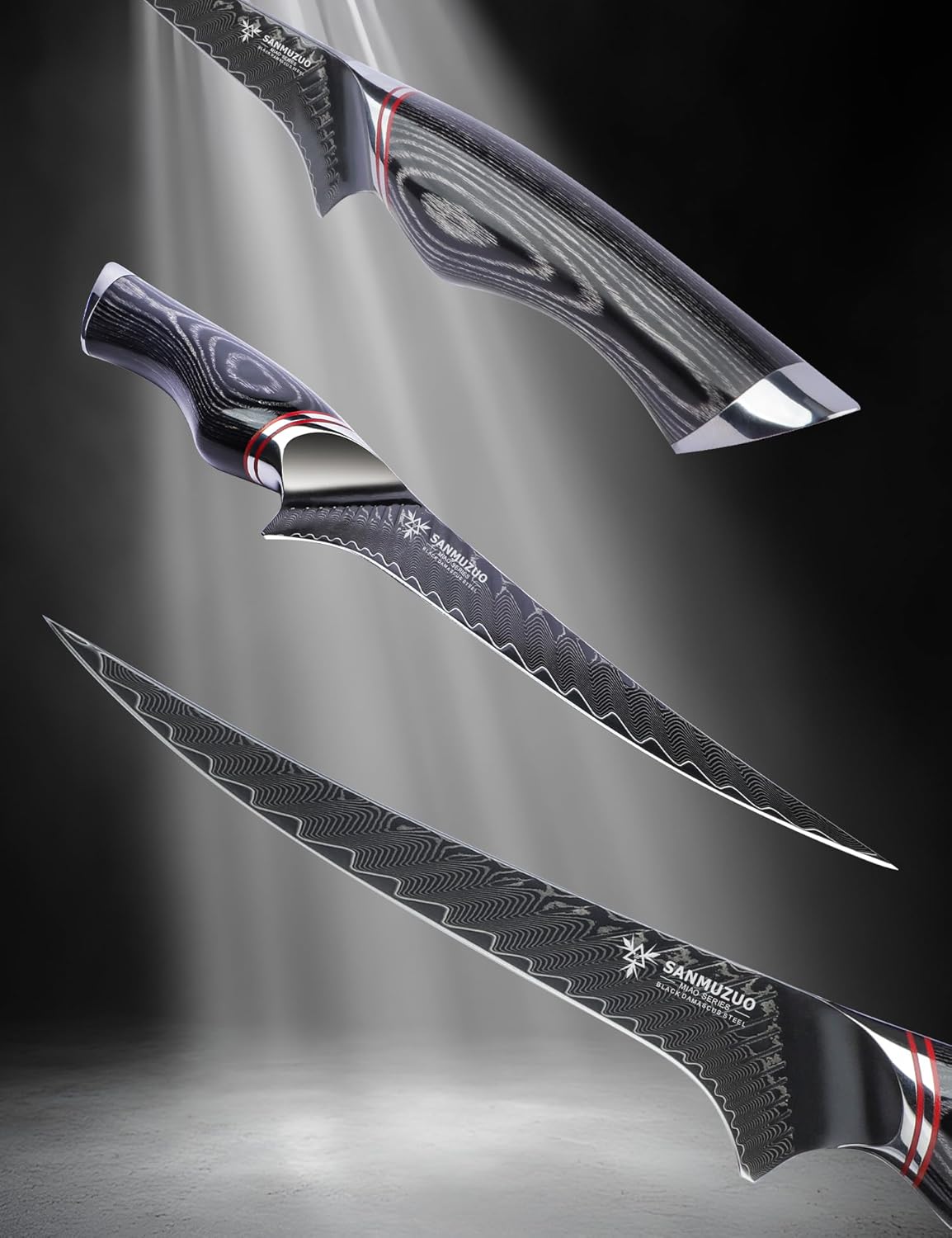 7 Inch Fillet Knife - Professional Kitchen Boning Knife - Black Damascus Steel with Ergonomic Handle - MIAO Series