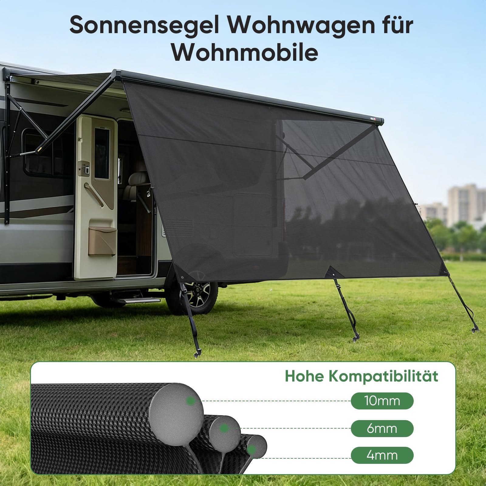Sonnenschutz für Wohnmobil 2 x 3,3 m, Winddurchlässige und Sonnenschutz Markisenvorderwand 3 Keder mit Ø 4, 6 und 10 mm, Doppellagiges Netzgewebe Sun Blocker Wohnmobil Vorderwand