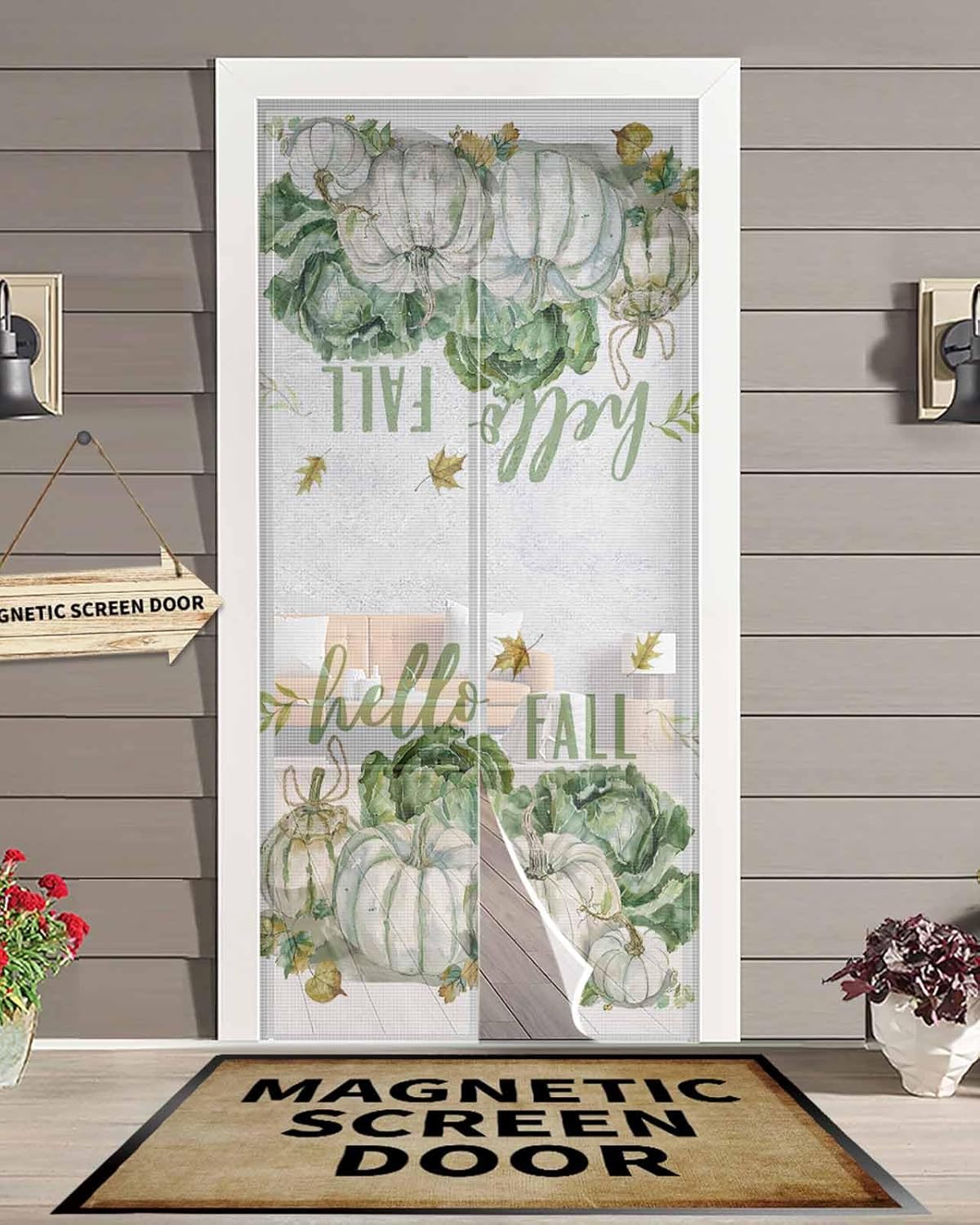 Hello Fall Magnetic Screen Door, Rustic Sage Green Pumpkin Vegetable Hands Free Screen Mesh Size 38" x 83", Reinforce Heavy Duty Mesh Screen Doors for Patio/Front/Sliding Door