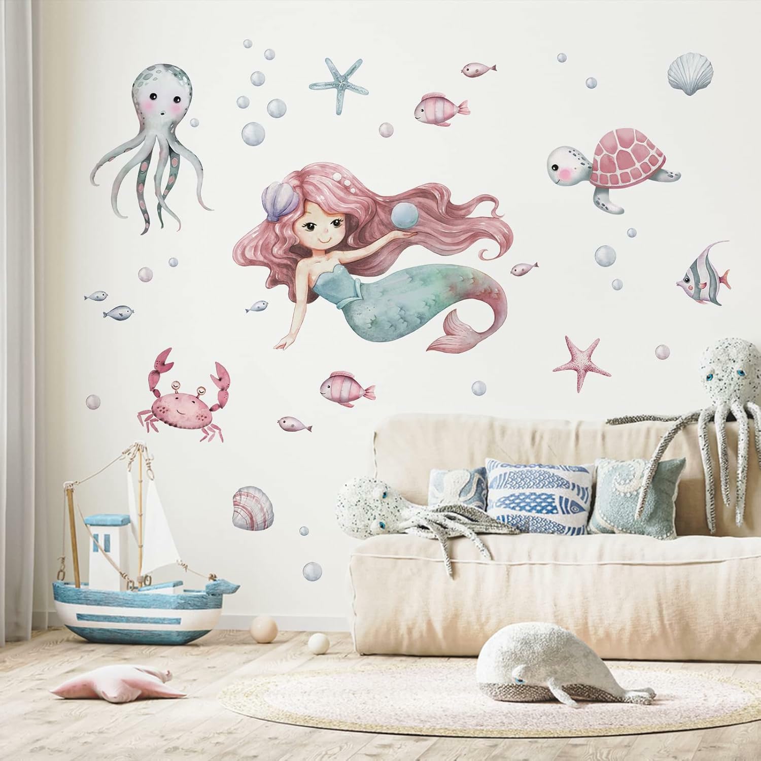 GADGETS WRAP Mermaid Under The Sea Wall Decals Stickers, Baby Girls Ocean Creatures Nursery Decoration-image-46
