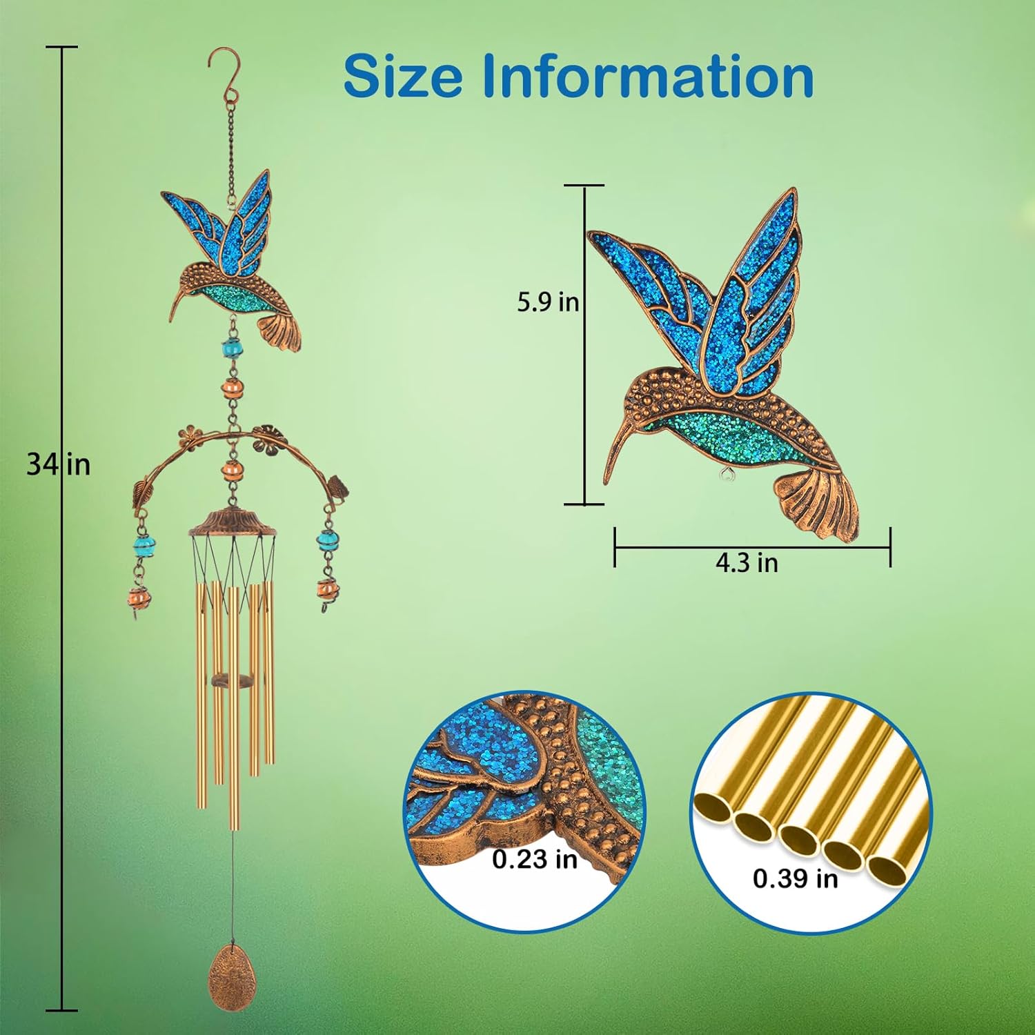 Wind Chimes - Blue Hummingbird Wind Chimes for Outside Deep Tone 34 inches 5 Aluminum Tubes, Birthday, Mother's Day, Hummingbird Gifts for Mom, Grandma, Decorations for Home, Garden, Patio, Backyard