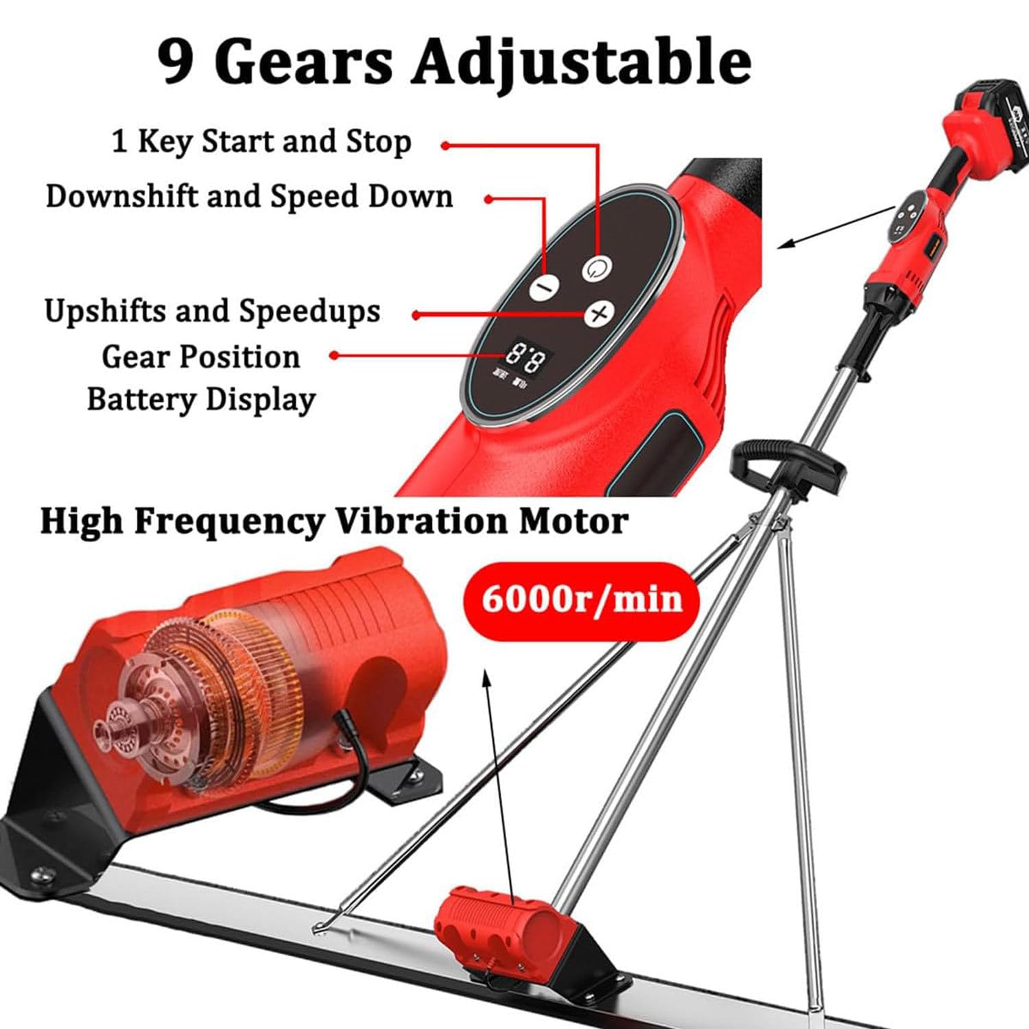 Vibrador de hormigón eléctrico, Herramienta vibradora de Acabado de hormigón con Regla eléctrica de 6000 RPM, máquina aplanadora de Regla de Cemento con Cuchilla de 150 cm,1*Battery