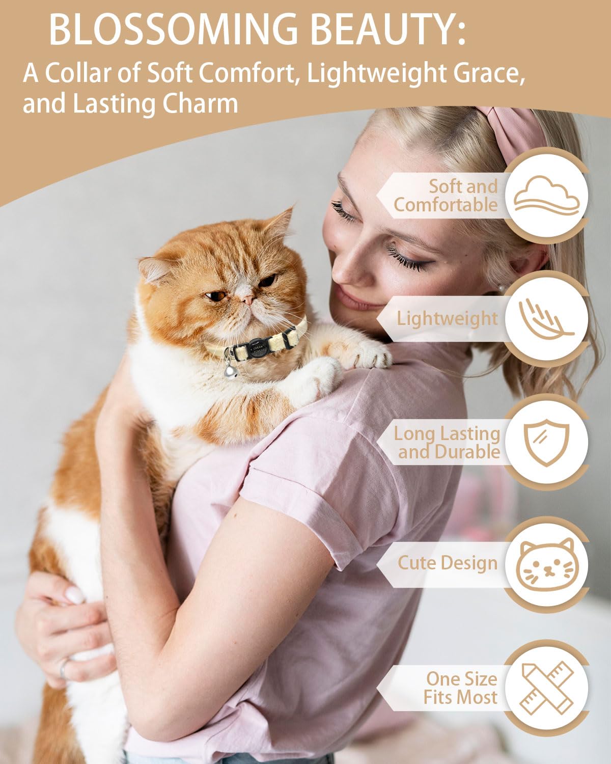 Collar de gato peludo con campana, collar ajustable de 7.87 a 11.8 pulgadas, adecuado para todo tipo de gatos y perros pequeños (M, blanco)